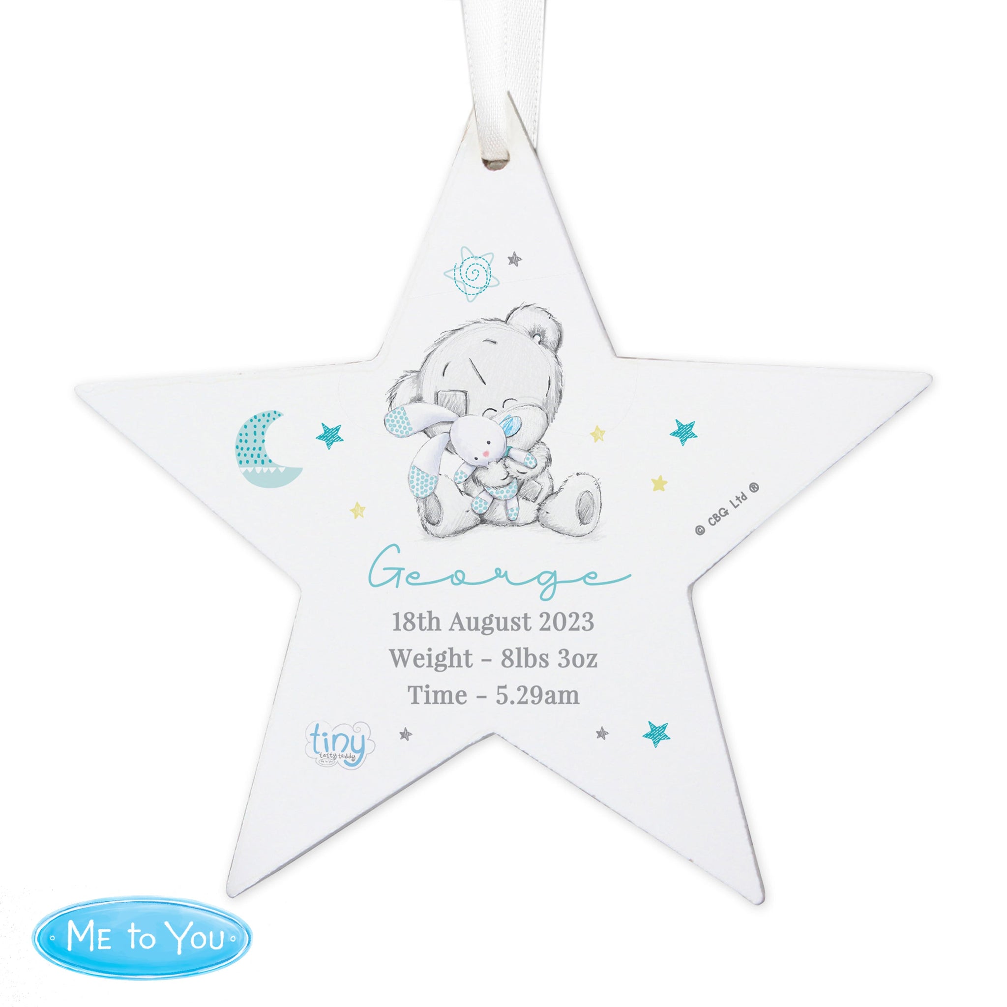 Personalised Tiny Tatty Teddy Blue Wooden Star Decoration: 4 - Decorations