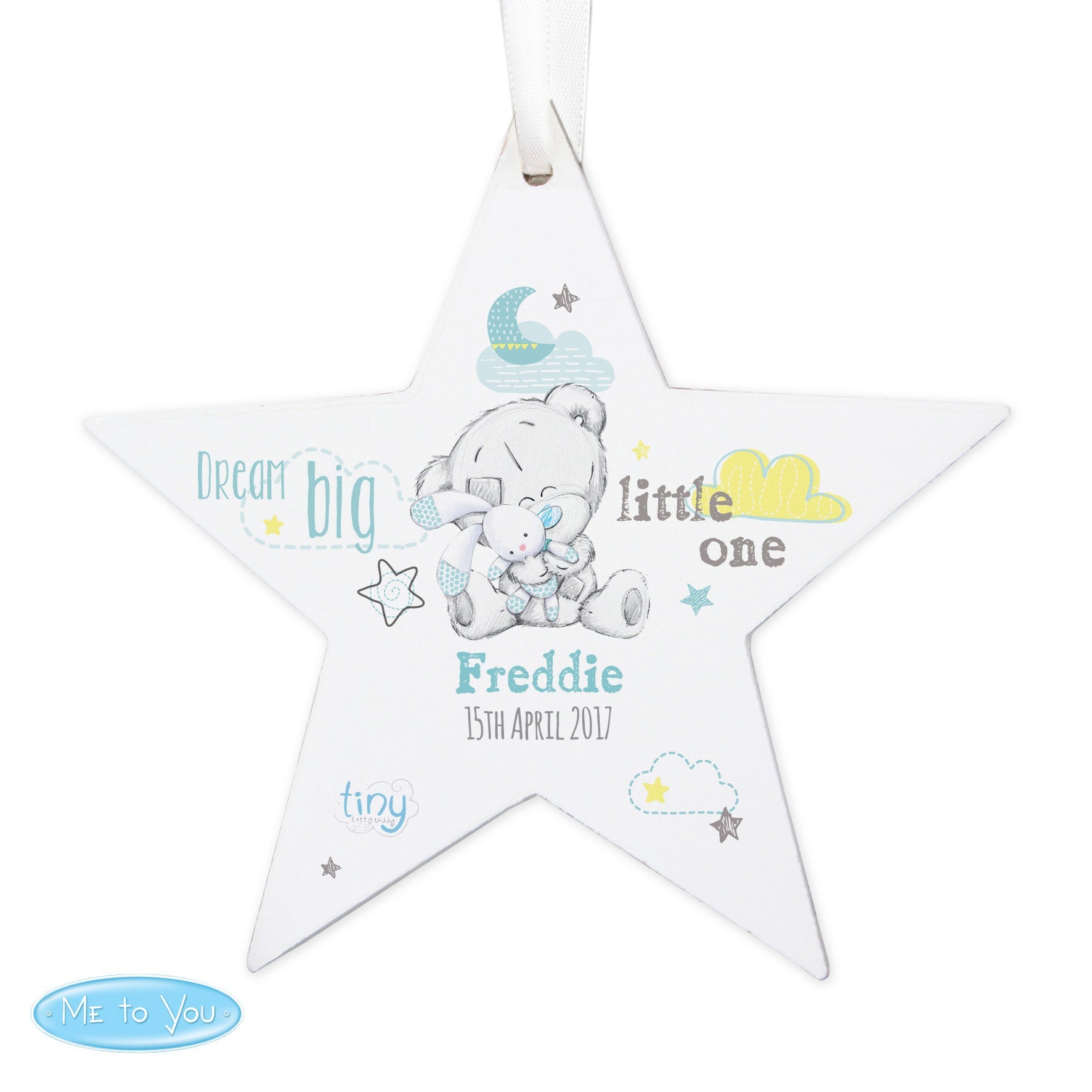 Personalised Tiny Tatty Teddy Blue Wooden Star Decoration: 5 - Decorations
