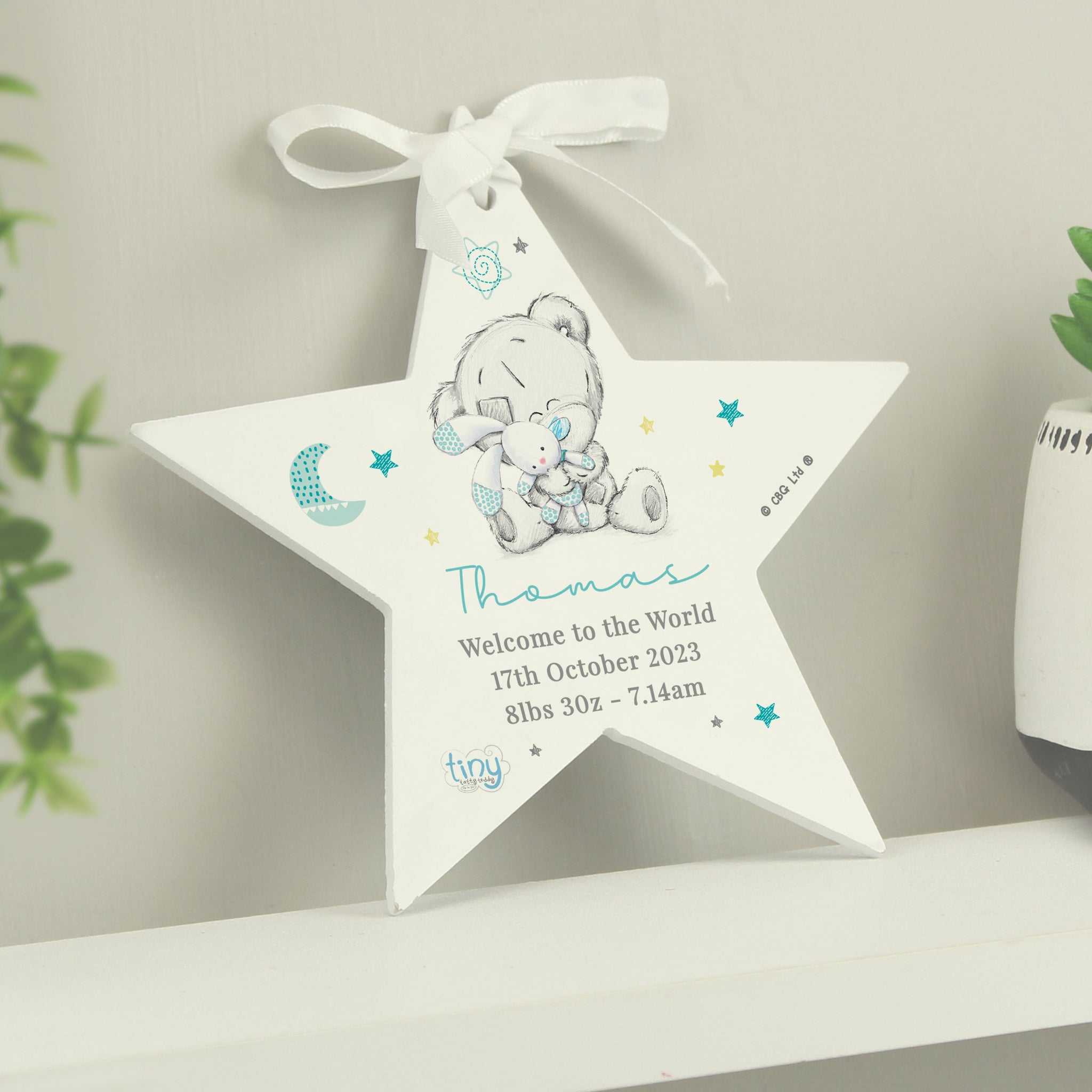 Personalised Tiny Tatty Teddy Blue Wooden Star Decoration: 6 - Decorations