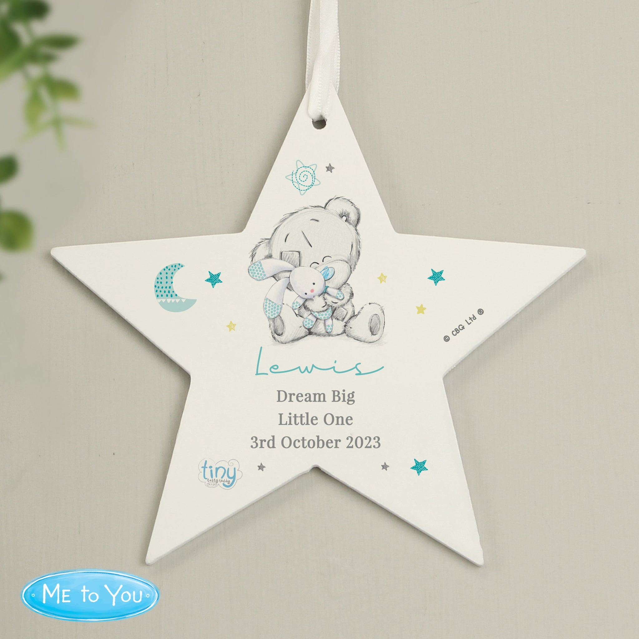 Personalised Tiny Tatty Teddy Blue Wooden Star Decoration: 2 - Decorations