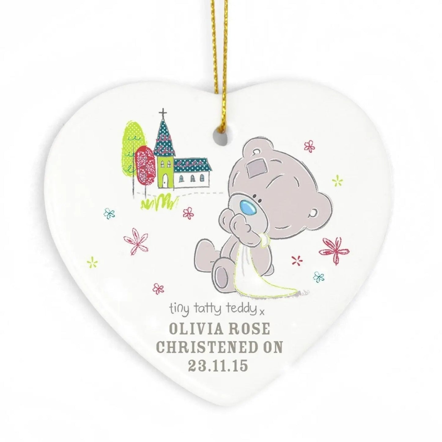Personalised Tiny Tatty Teddy Christening Ceramic Heart Decoration: 2 - Signs & Plaques