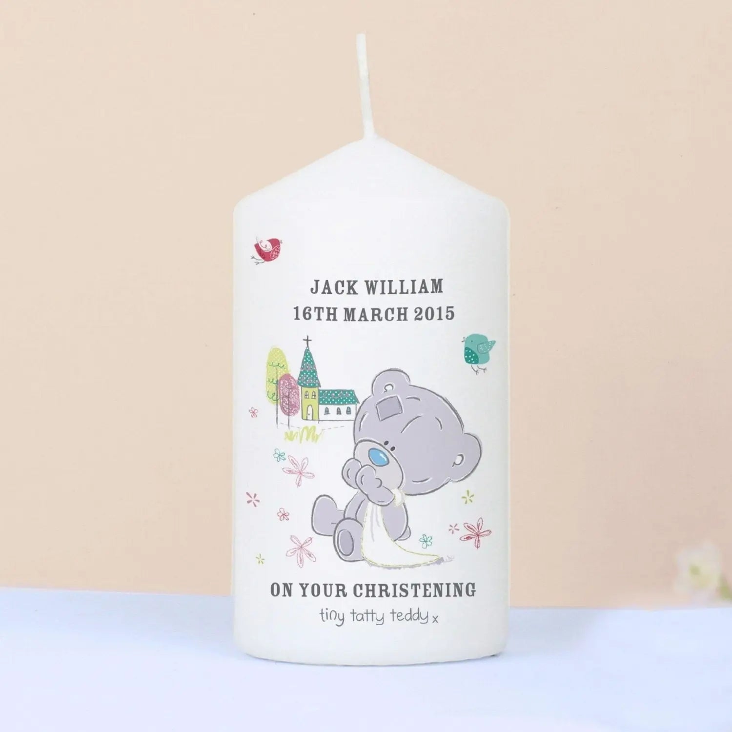 Personalised Tiny Tatty Teddy Christening Pillar Candle: 1 - Candles