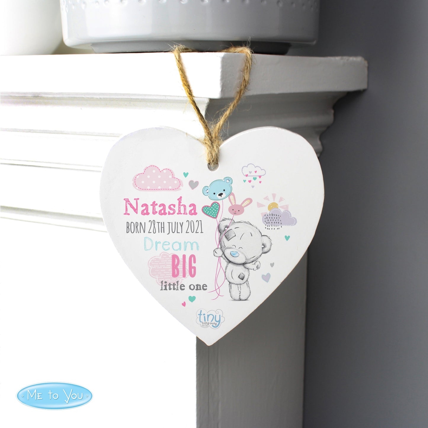 Personalised Tiny Tatty Teddy Pink Wooden Heart Decoration: 6 - Decorations