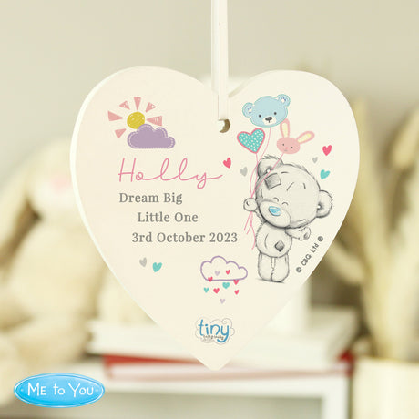 Personalised Tiny Tatty Teddy Pink Wooden Heart Decoration: 4 - Decorations
