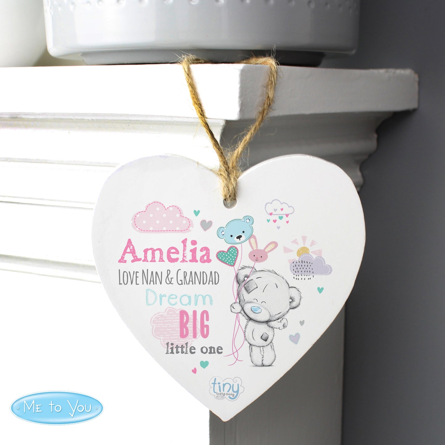 Personalised Tiny Tatty Teddy Pink Wooden Heart Decoration: 7 - Decorations