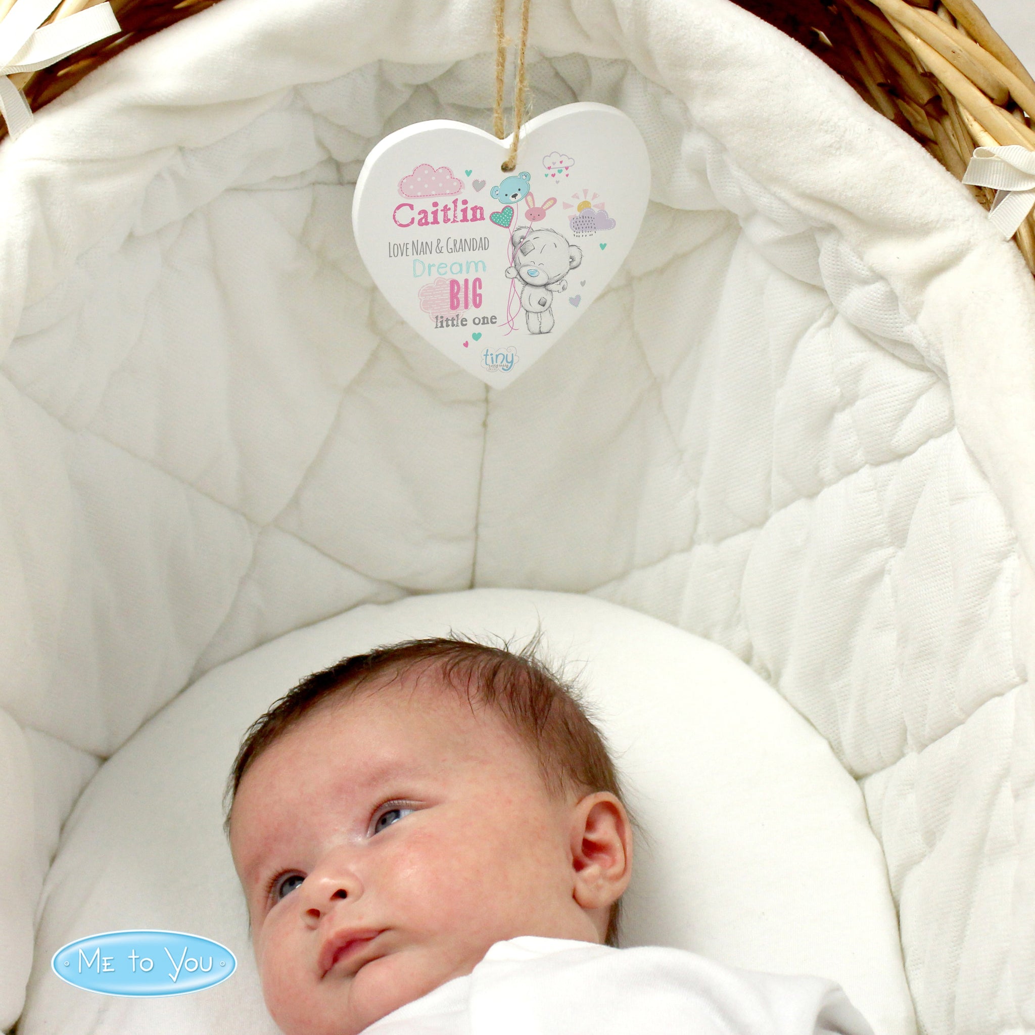 Personalised Tiny Tatty Teddy Pink Wooden Heart Decoration: 2 - Decorations