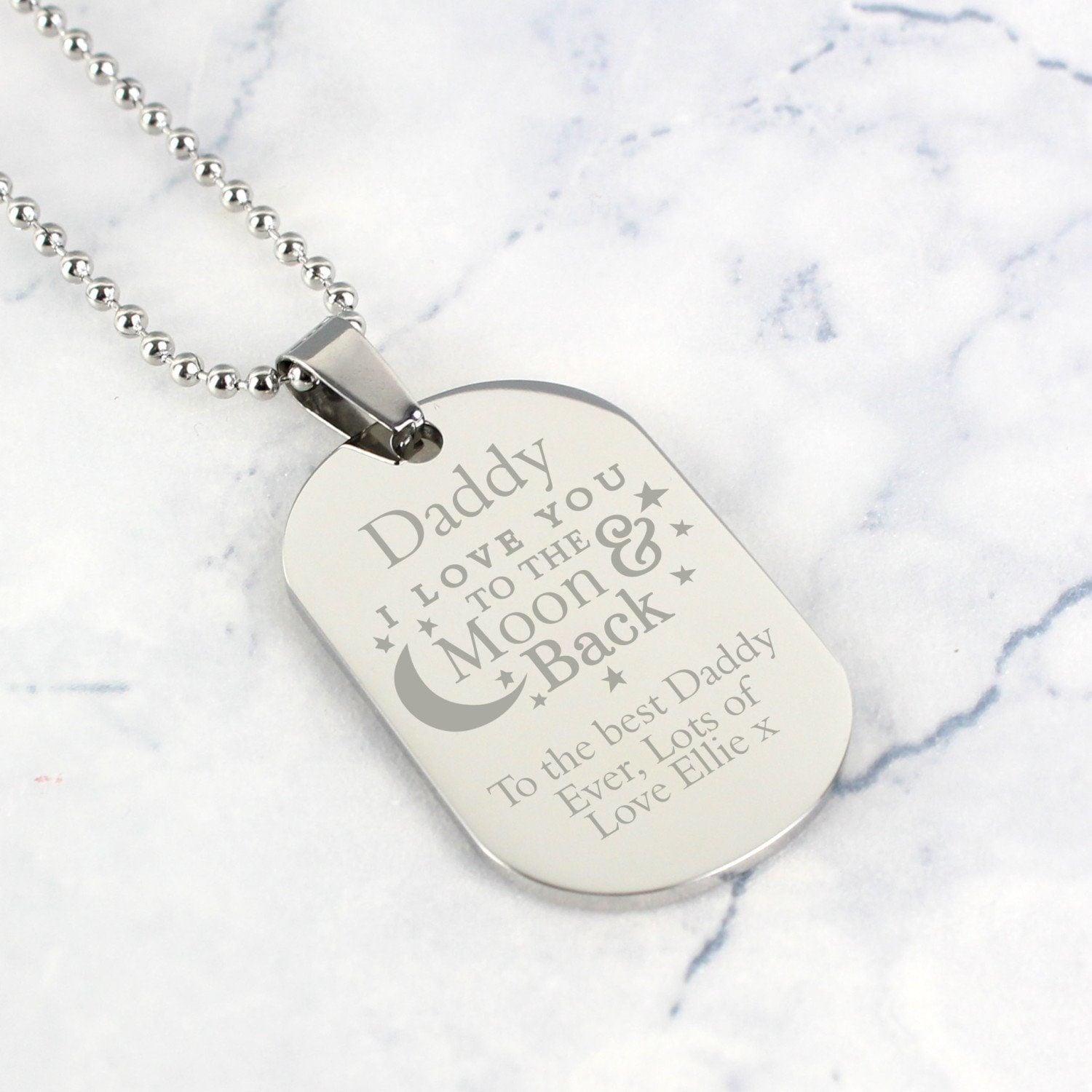Personalised ’To The Moon & Back...’ Stainless Steel Dog Tag Necklace: 5 - Necklaces By Gift Moments