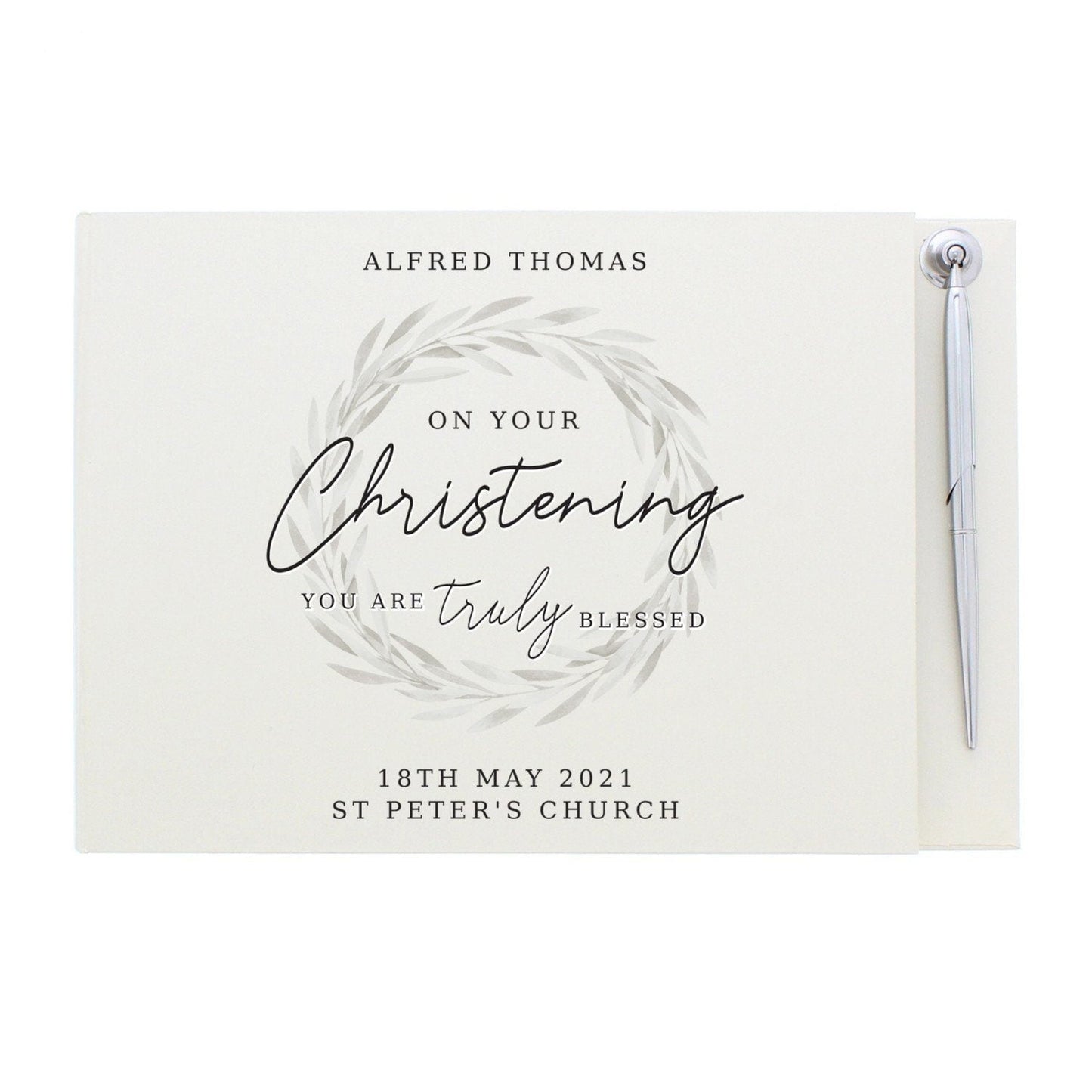 Personalised ’Truly Blessed’ Christening Hardback Guest Book & Pen: 3 - Guest Books By Gift Moments