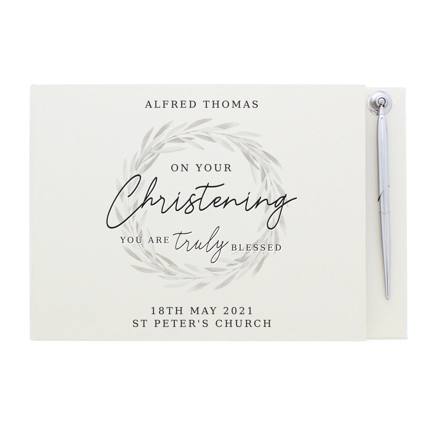 Personalised ’Truly Blessed’ Christening Hardback Guest Book & Pen: 3 - Guest Books By Gift Moments