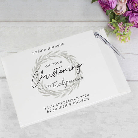 Personalised ’Truly Blessed’ Christening Hardback Guest Book & Pen: 1 - Guest Books By Gift Moments