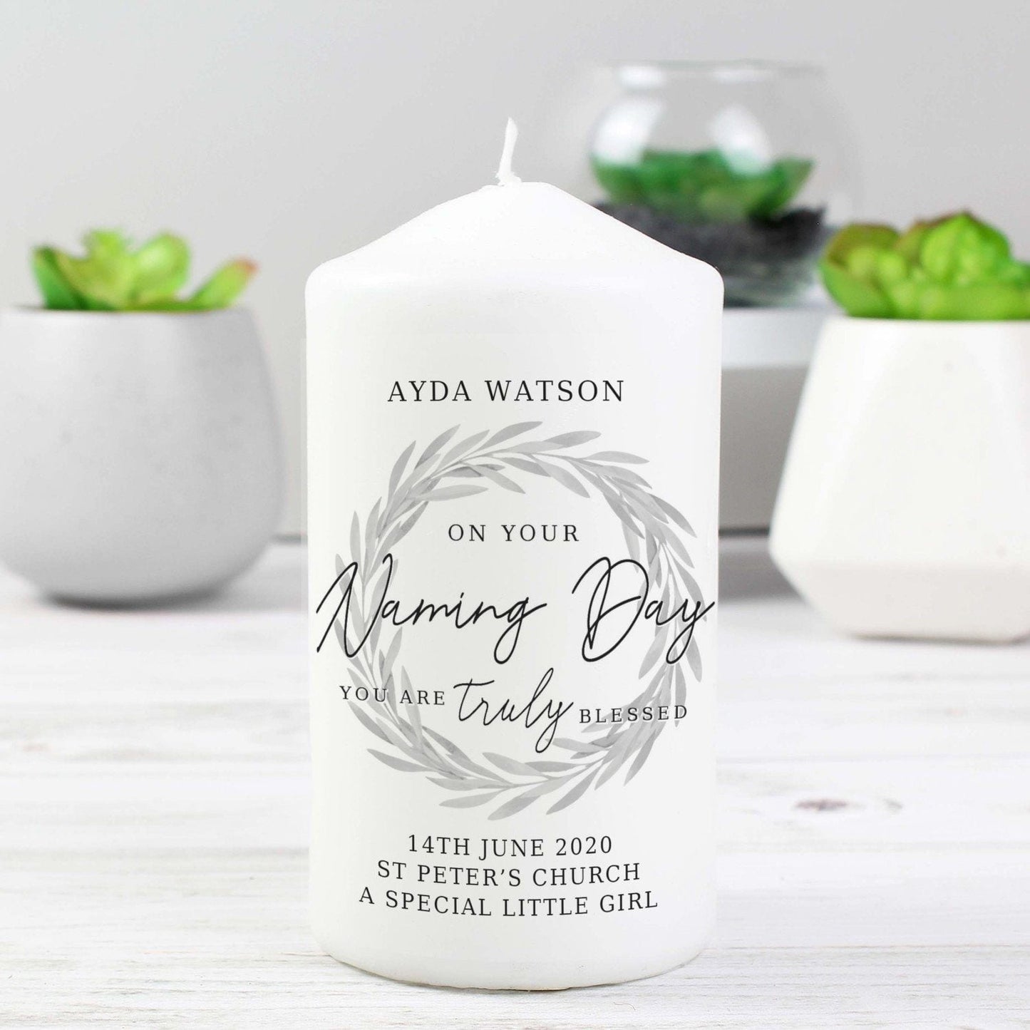 Personalised Truly Blessed Naming Day Pillar Candle: 2 - Candles By Gift Moments