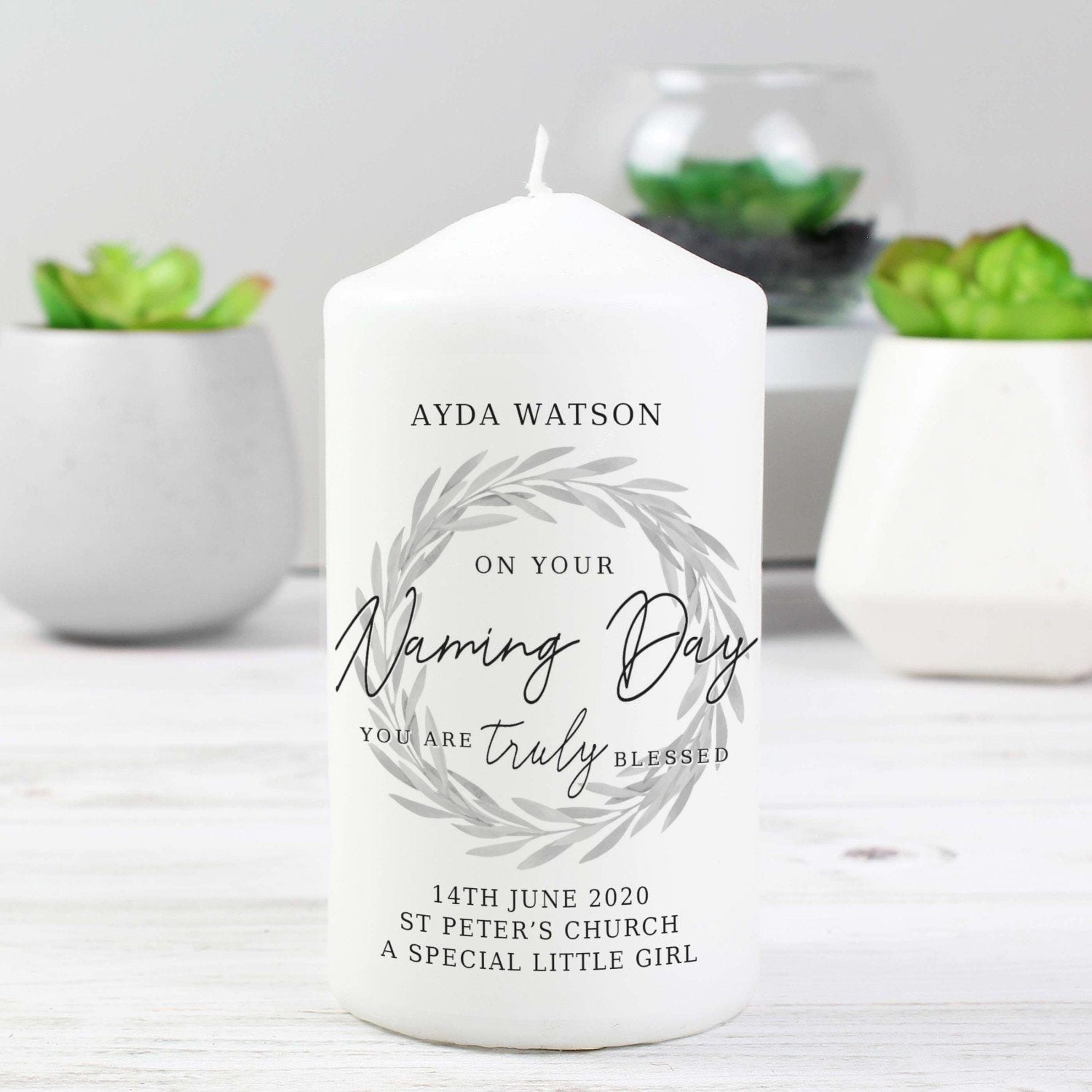 Personalised Truly Blessed Naming Day Pillar Candle: 2 - Candles By Gift Moments