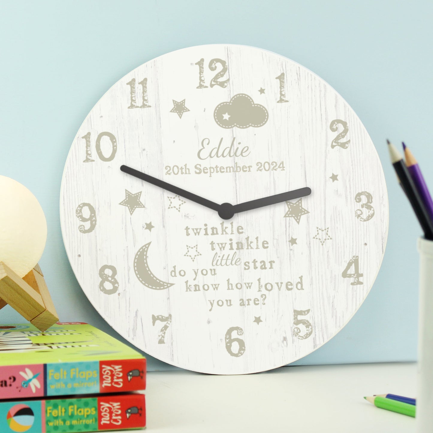 Personalised Twinkle Twinkle Nursery Wooden Clock: 1 - Clocks By Gift Moments