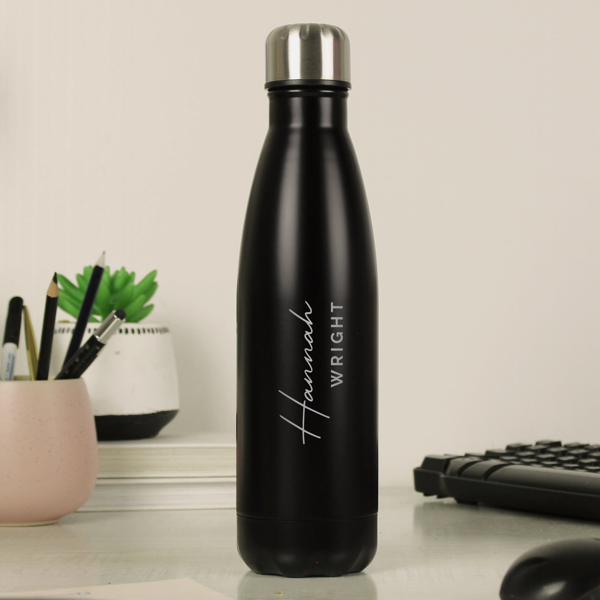 Personalised Two Lines Black Metal Insulated Drinks Bottle: 3 - Water Bottles By Gift Moments