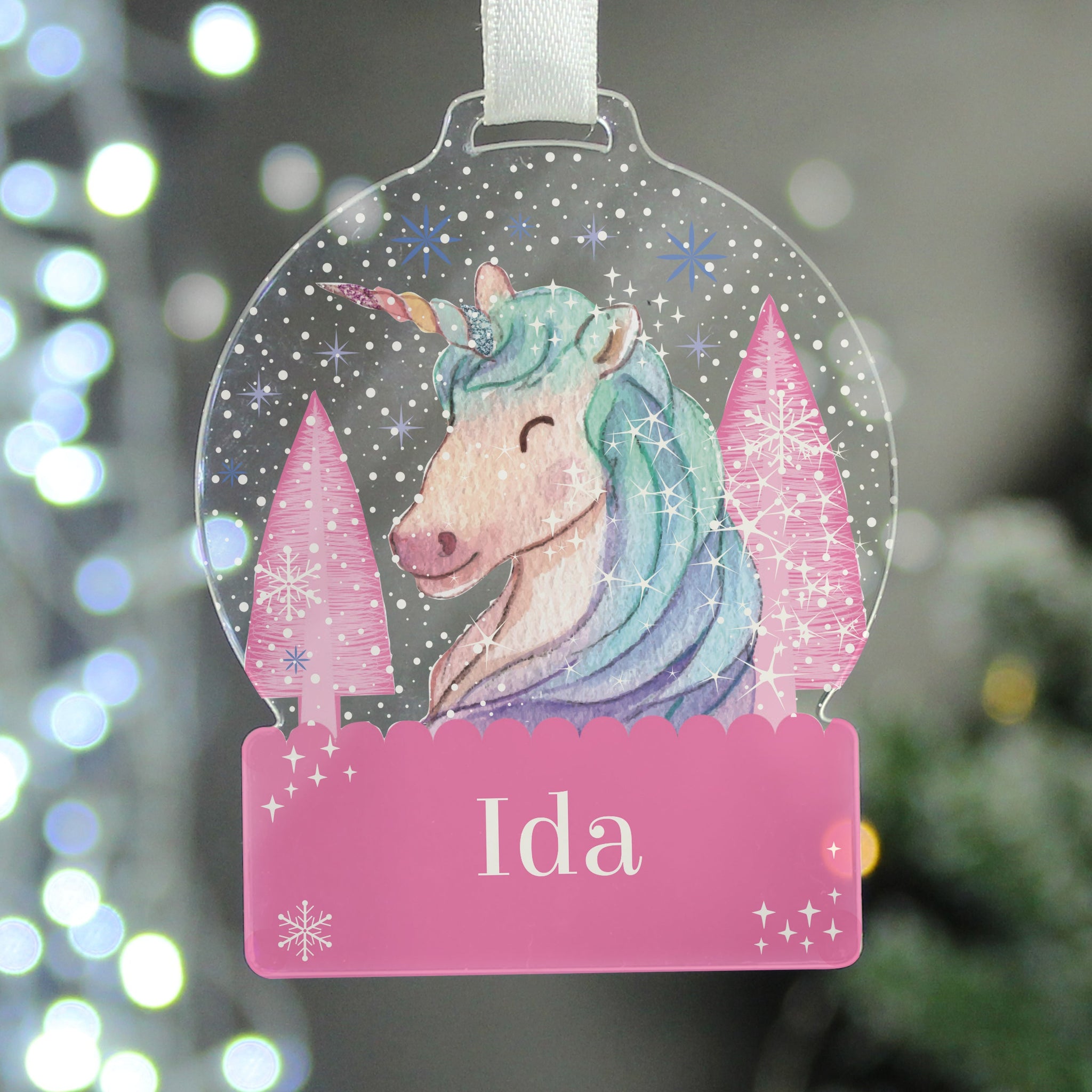 Personalised Unicorn Acrylic Snowglobe Decoration: 2 - Christmas Decorations By Gift Moments