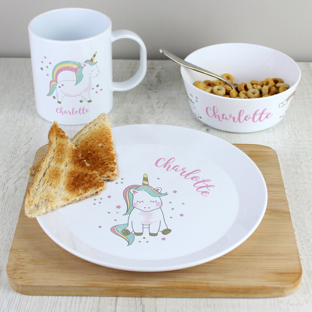 Personalised Unicorn Plastic Breakfast Set: 2 - Tableware By Gift Moments