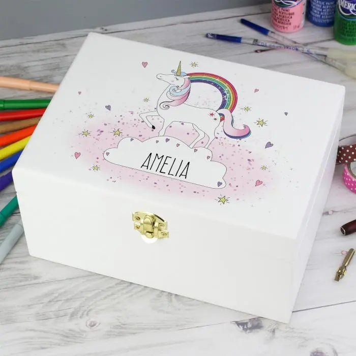 Personalised Unicorn White Wooden Keepsake Box: 1 - Keepsake Boxes By Gift Moments