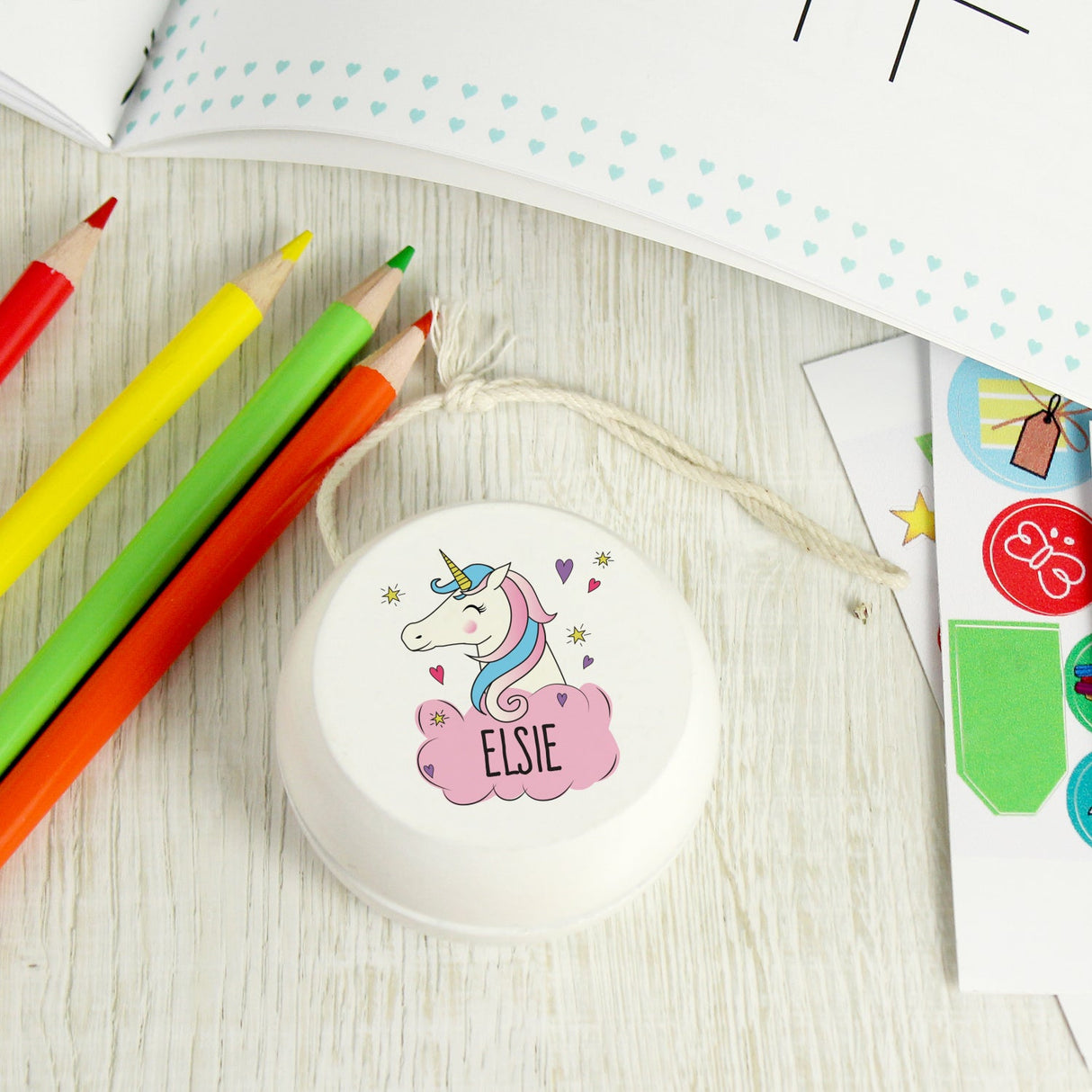 Personalised Unicorn White Wooden Yoyo: 2 Toys By Gift Moments