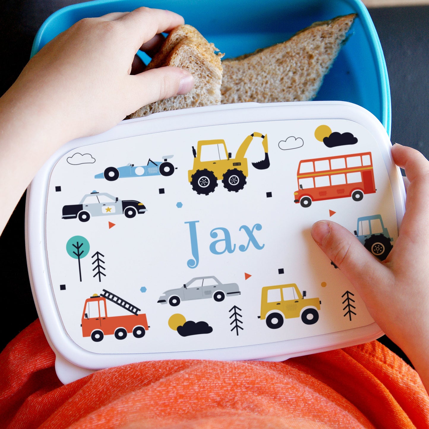 Personalised Vehicles Name Only Blue Lunch Box: 2 - Lunch Boxes & Bags By Gift Moments