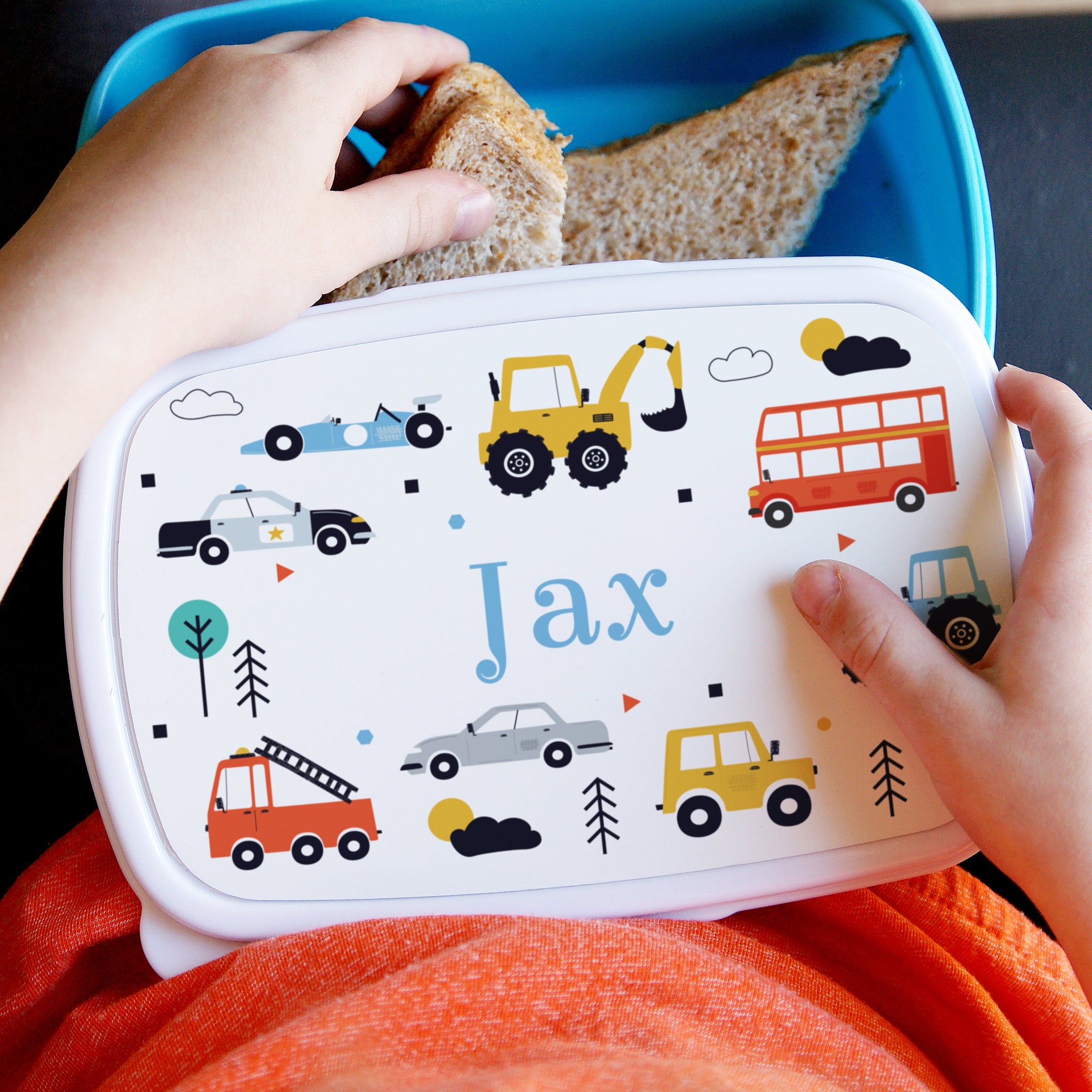 Personalised Vehicles Name Only Blue Lunch Box: 2 - Lunch Boxes & Bags By Gift Moments
