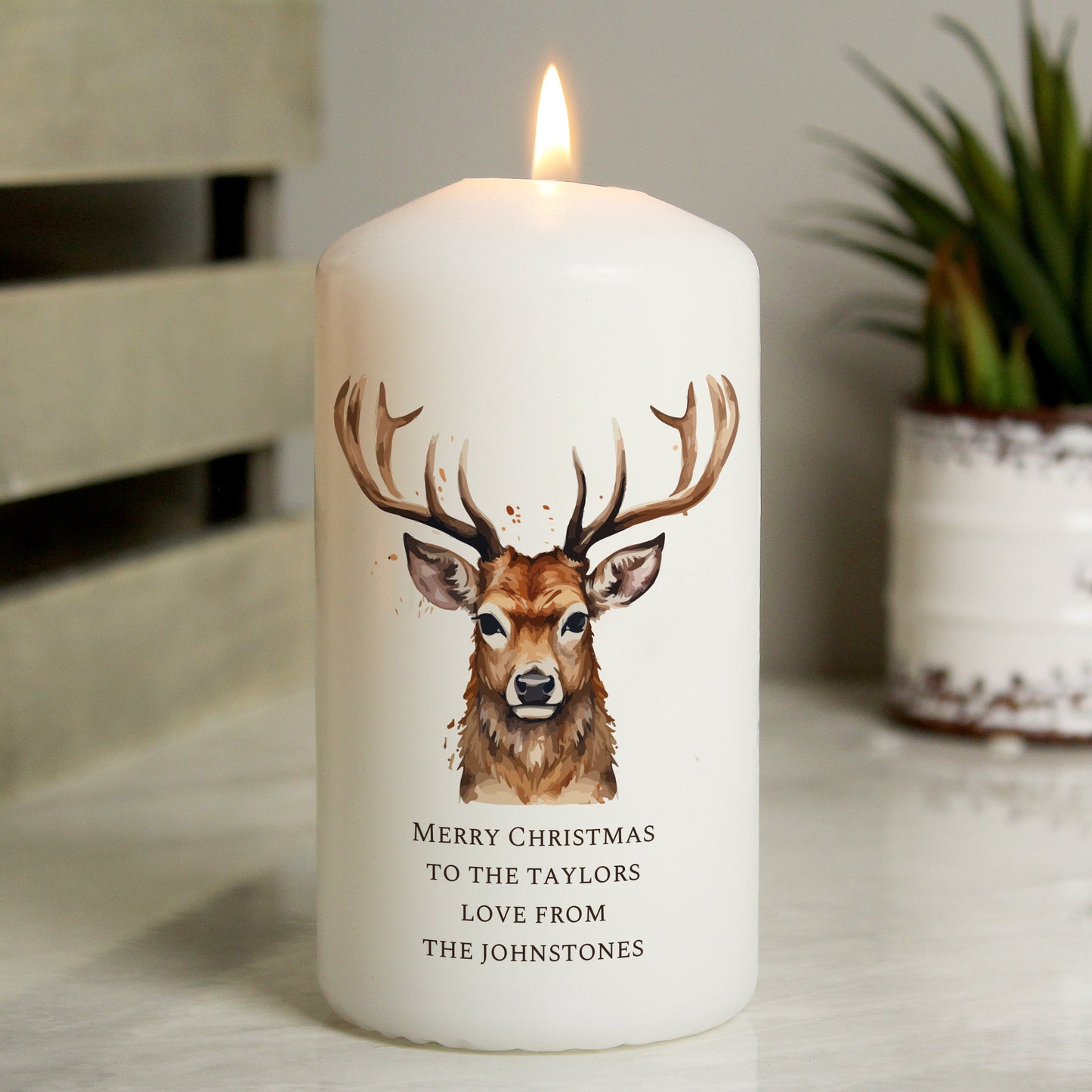 Personalised Watercolour Stag Pillar Candle: 1 - Candle Holders By Gift Moments