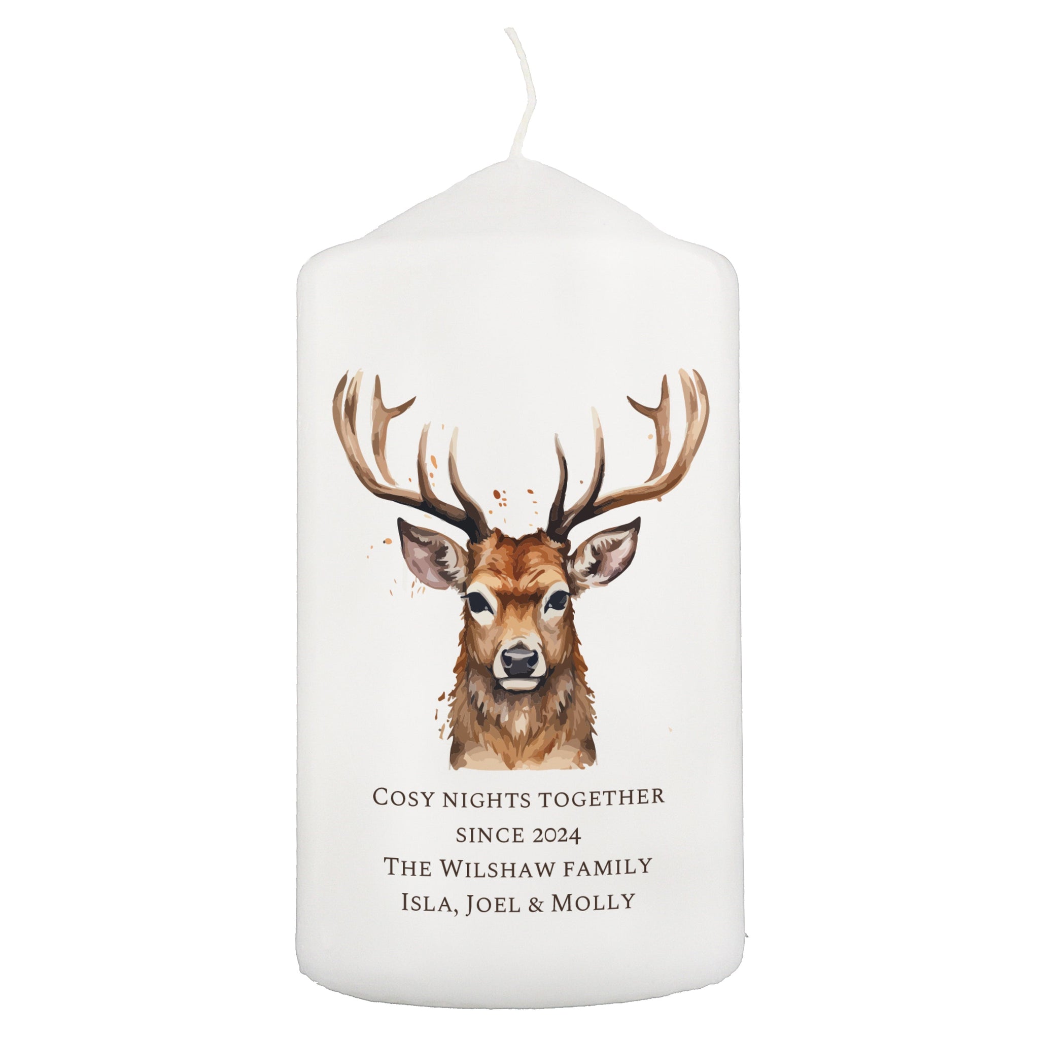 Personalised Watercolour Stag Pillar Candle: 5 - Candle Holders By Gift Moments