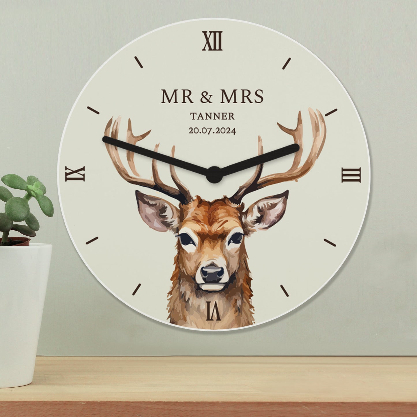 Personalised Watercolour Stag Wooden Clock: 2 - Clocks By Gift Moments