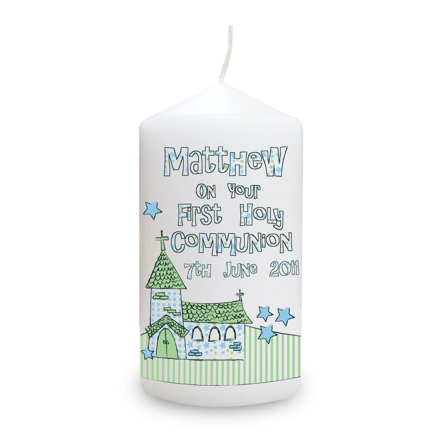 Personalised Whimsical Church Blue 1st Holy Communion Pillar Candle: 2 - Candles By Gift Moments