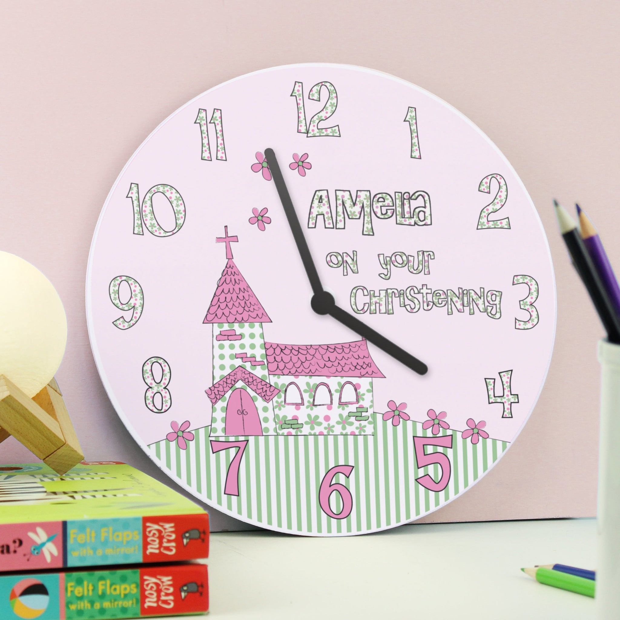 Personalised Whimsical Church Christening Clock: 1 - Clocks By Gift Moments