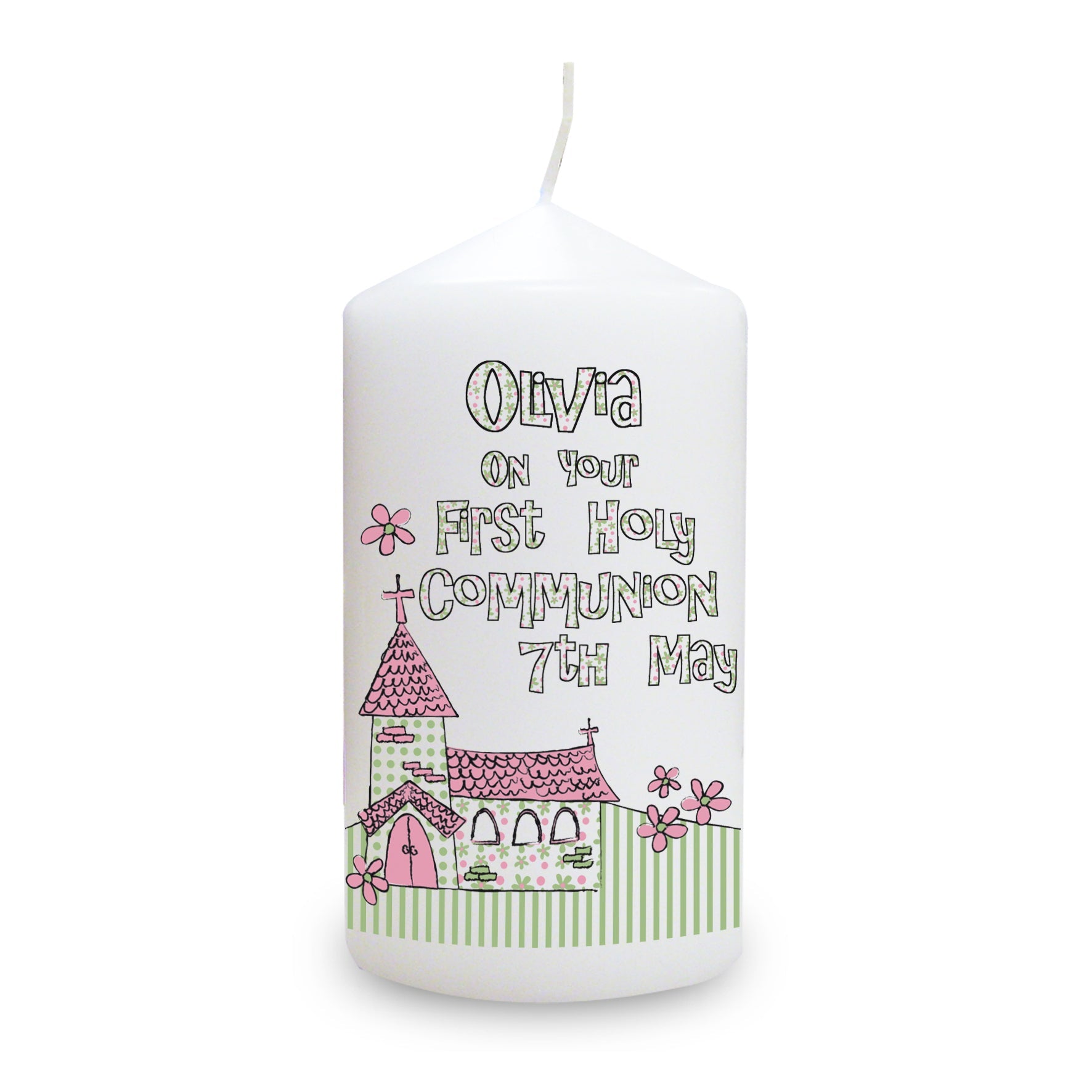 Personalised Whimsical Church Pink 1st Holy Communion Pillar Candle: 2 - Candles By Gift Moments