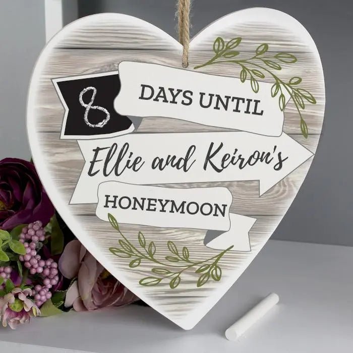 Personalised White Arrow Banner Chalk Countdown Wooden Heart Decoration: 5 - Decorations By Gift Moments