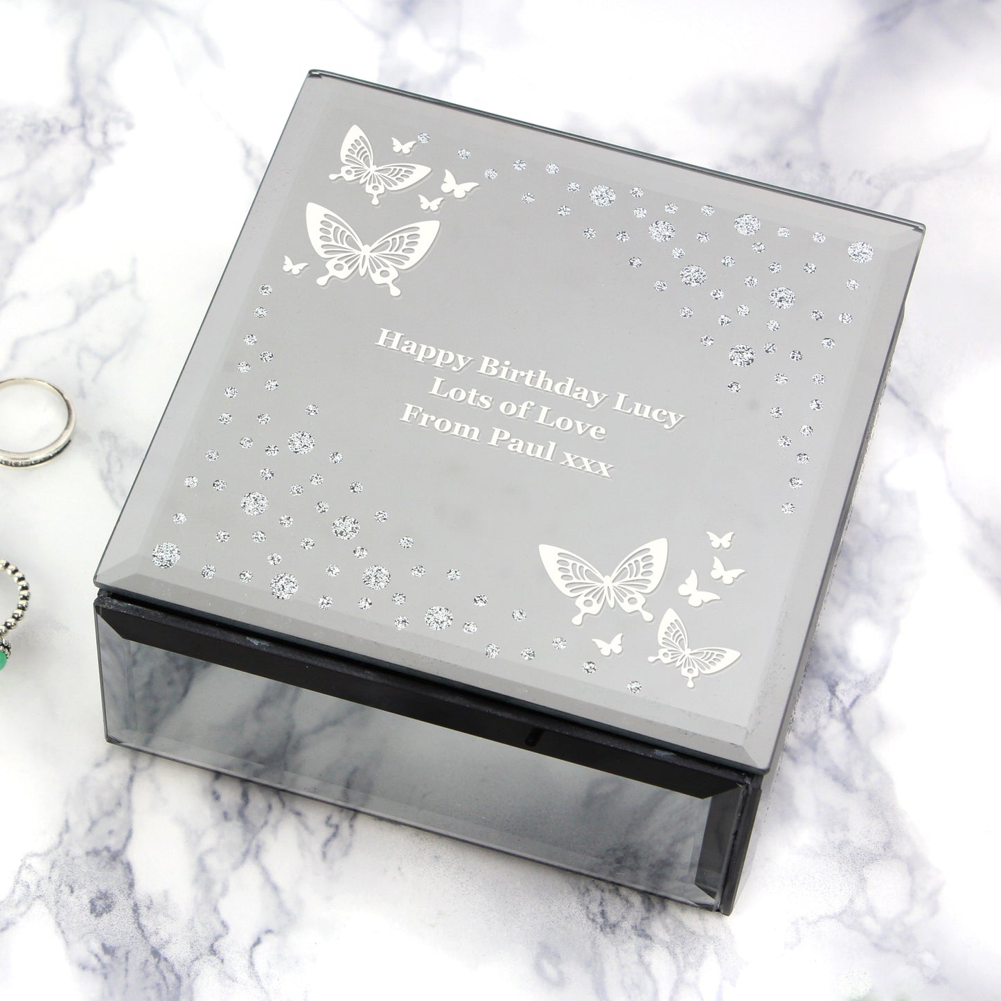 Personalised White Butterfly Diamante Glass Trinket Box: 8 - Trinket Boxes By Gift Moments