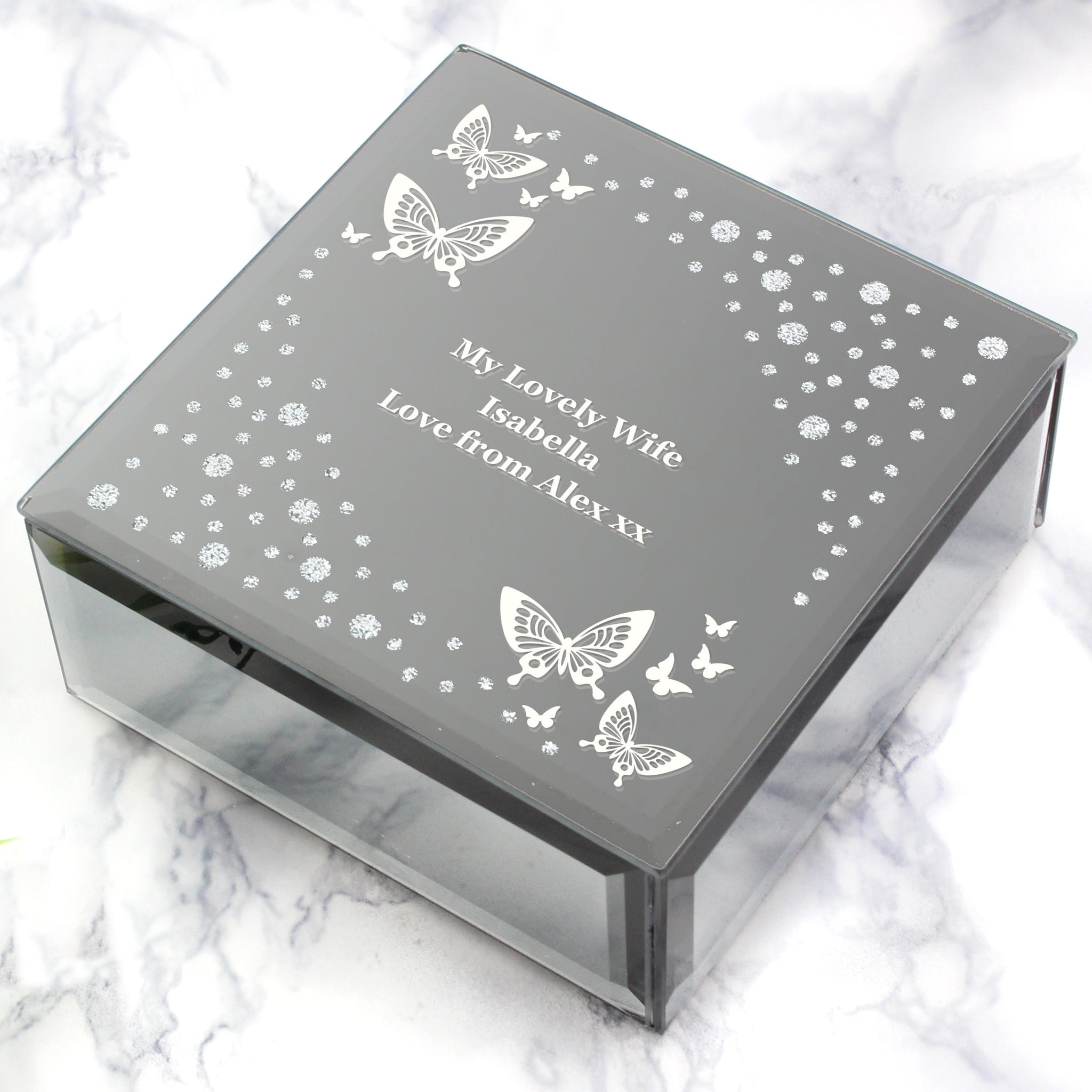 Personalised White Butterfly Diamante Glass Trinket Box: 5 - Trinket Boxes By Gift Moments