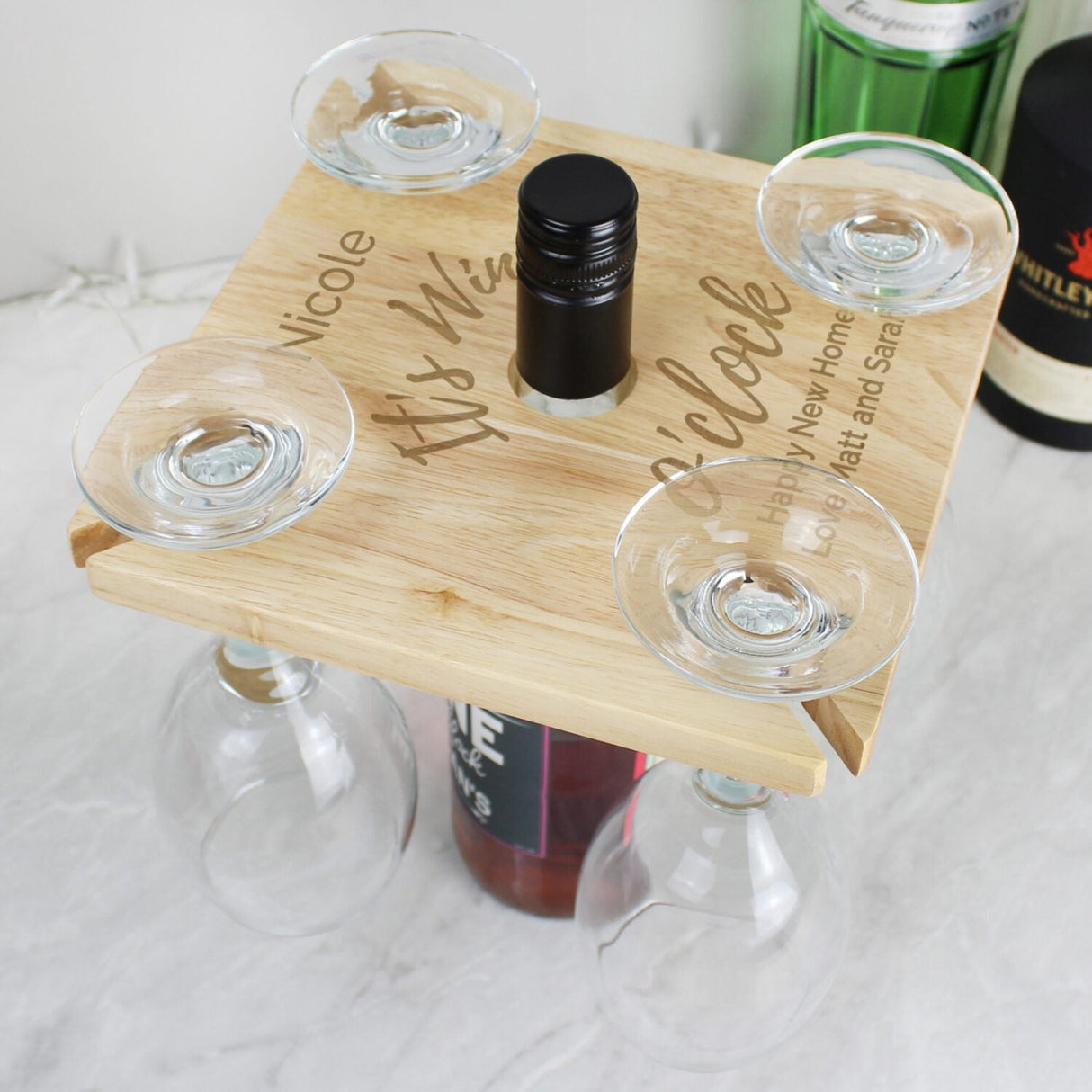 Personalised Wine O’clock Four Wine Glass Holder & Bottle Holder: 1 - Wine Glasses By Gift Moments