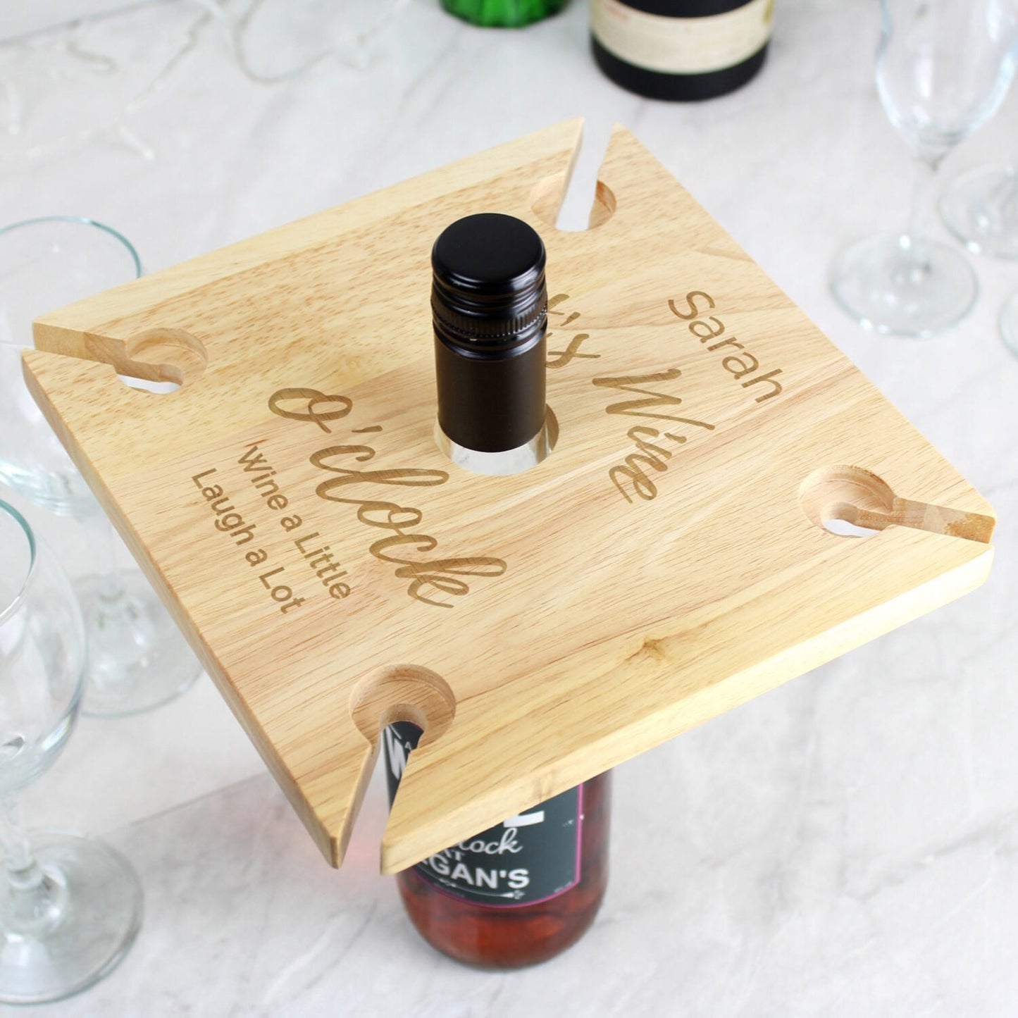 Personalised Wine O’clock Four Wine Glass Holder & Bottle Holder: 5 - Wine Glasses By Gift Moments