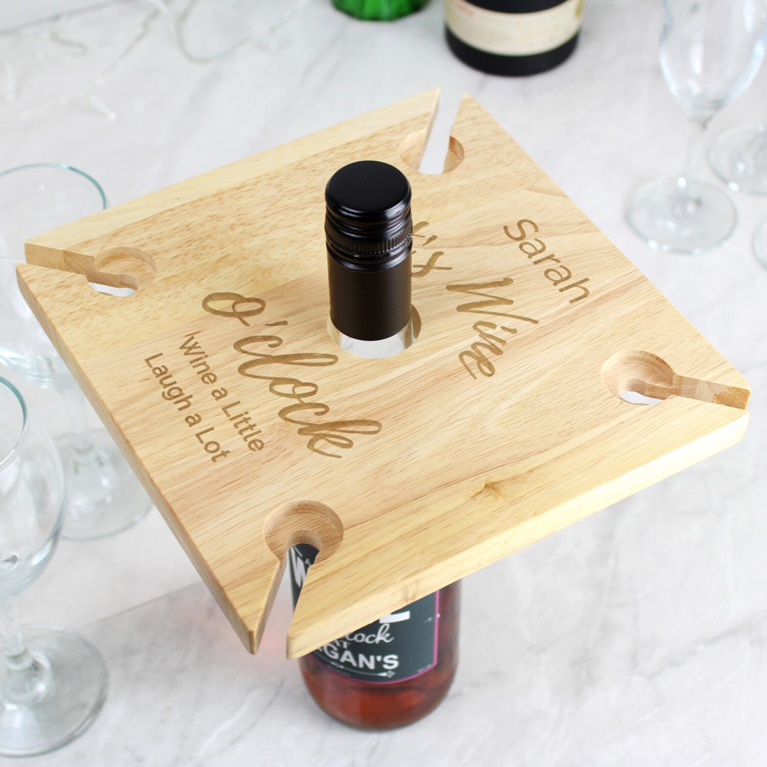 Personalised Wine O’clock Four Wine Glass Holder & Bottle Holder: 5 - Wine Glasses By Gift Moments