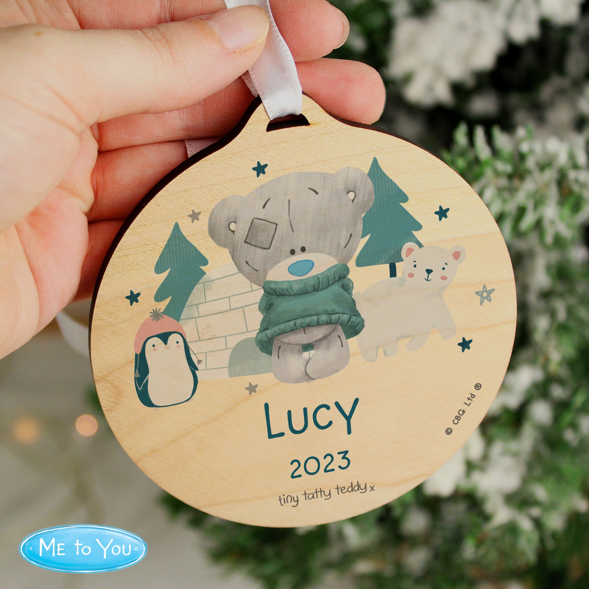 Personalised Winter Explorer Tiny Tatty Teddy Round Wooden Decoration: 2 - Christmas Decorations