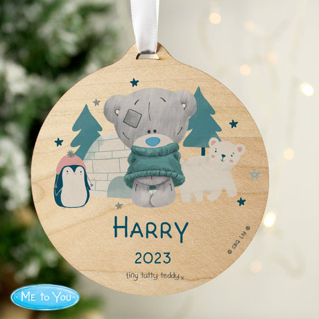 Personalised Winter Explorer Tiny Tatty Teddy Round Wooden Decoration: 1 - Christmas Decorations