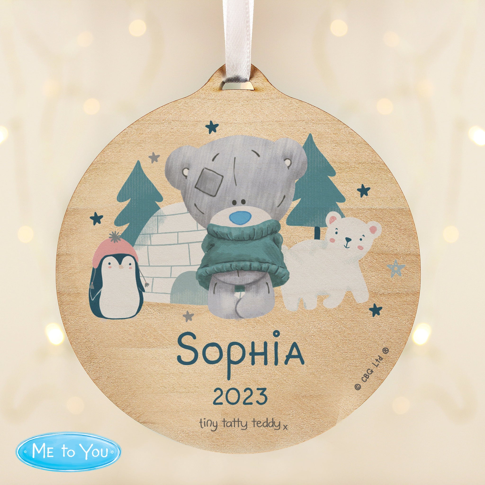 Personalised Winter Explorer Tiny Tatty Teddy Round Wooden Decoration: 3 - Christmas Decorations