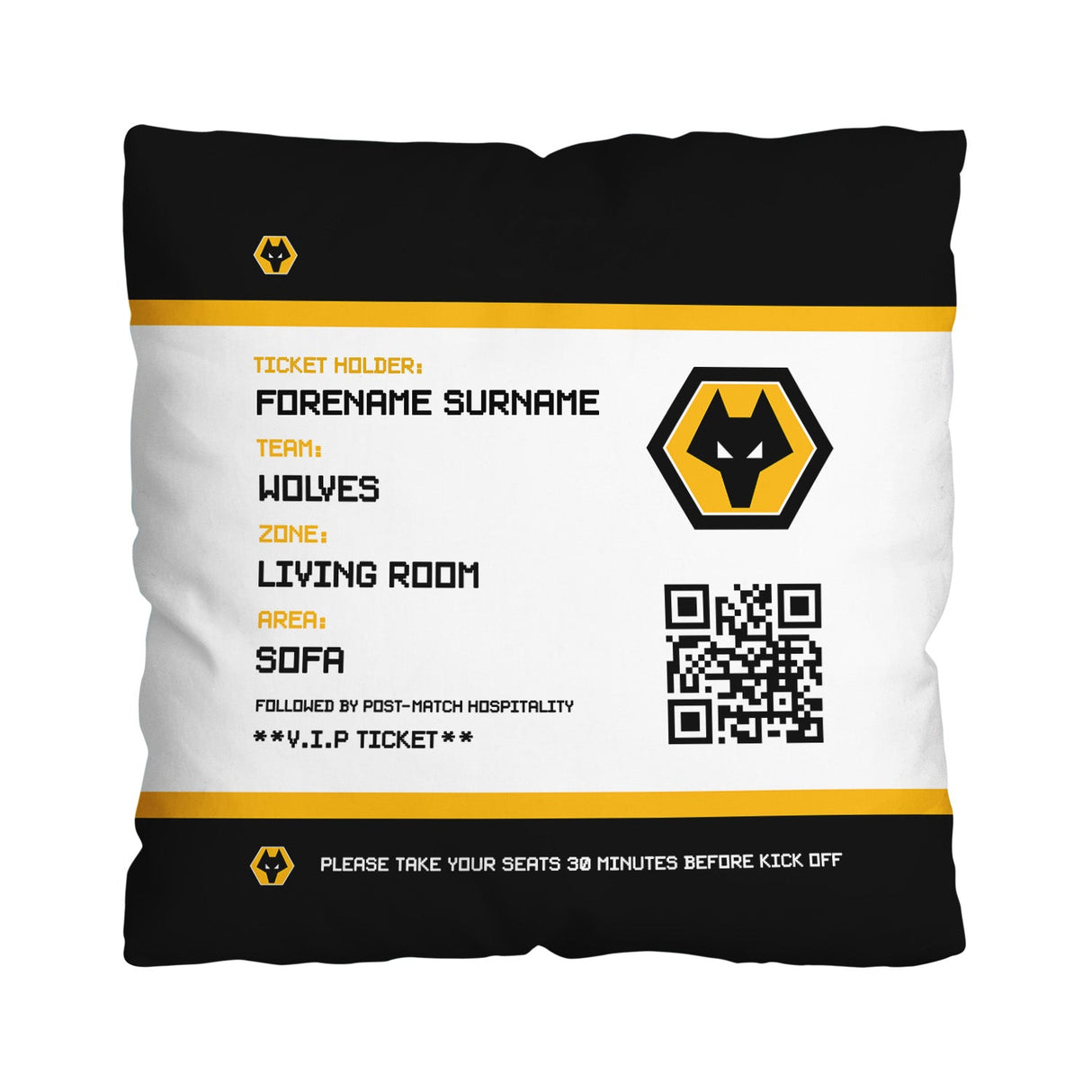 Personalised Wolves FD Ticket 18’’ Cushion: 1 - Cushions By Wolverhampton Wanderers
