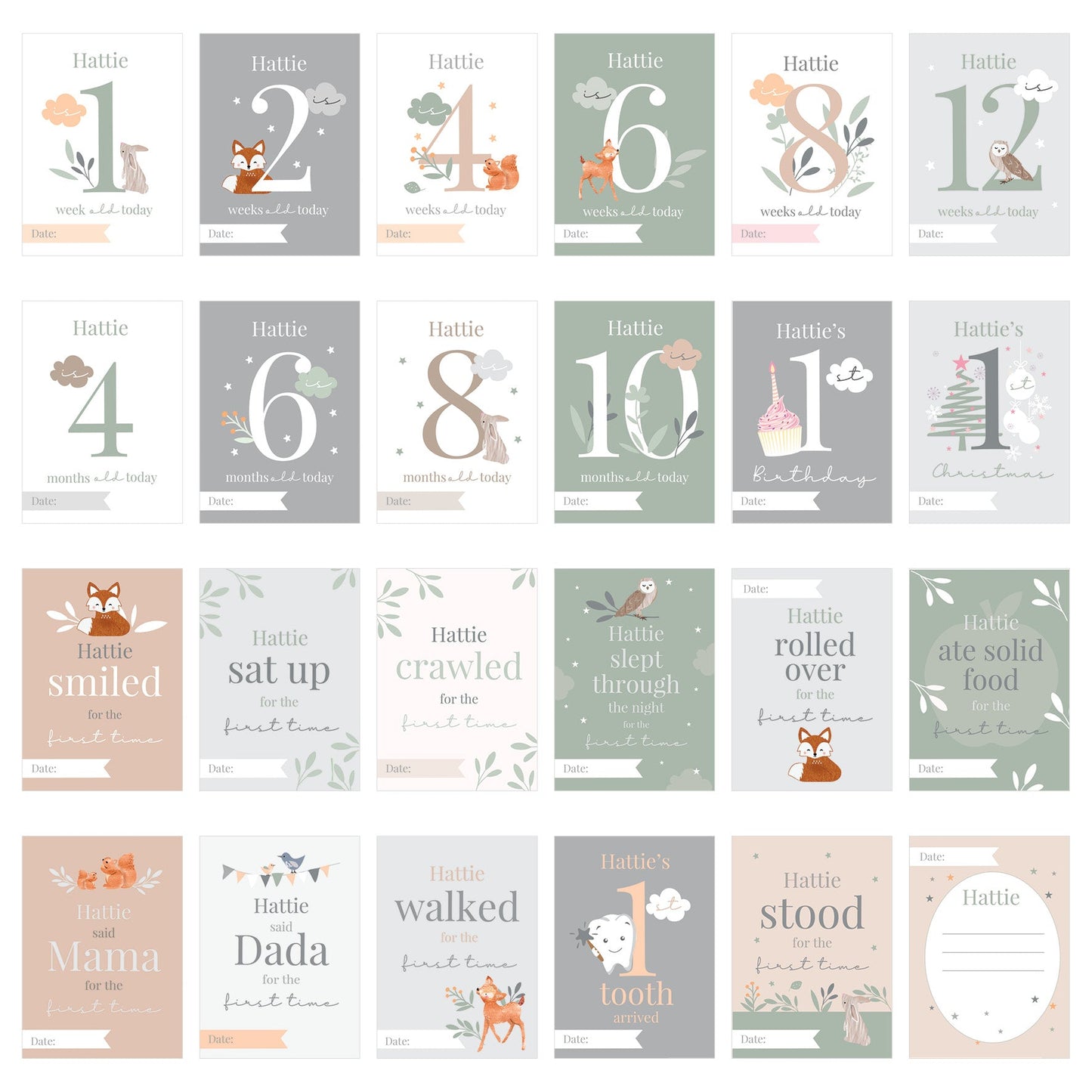 Personalised Woodland Animals Baby Milestone Cards: 6 - Keepsakes By Gift Moments