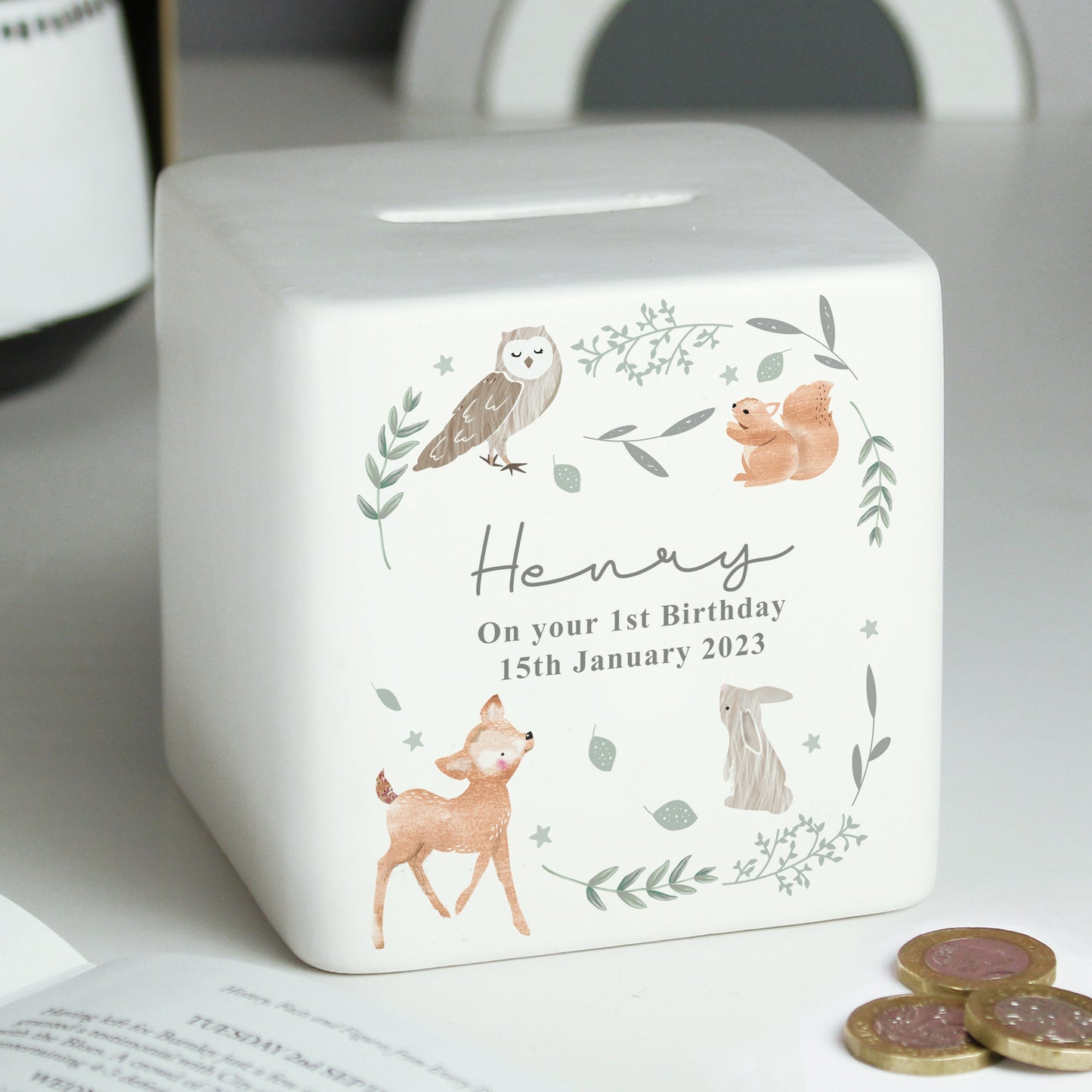 Personalised Woodland Animals Ceramic Square Money Box: 5 - Money Boxes By Gift Moments