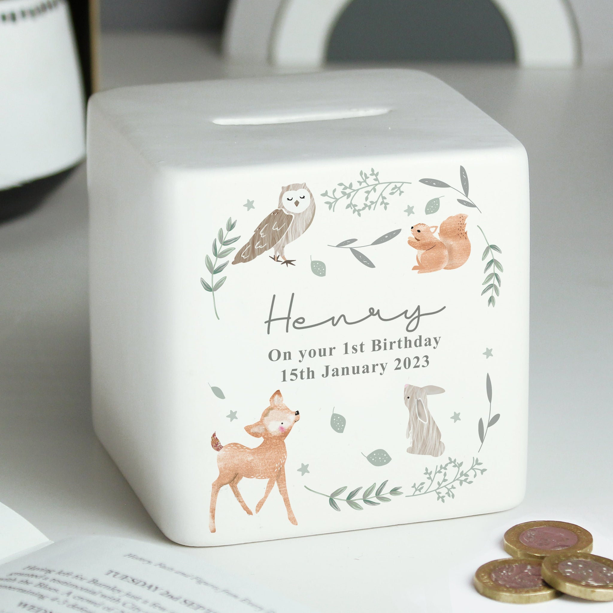Personalised Woodland Animals Ceramic Square Money Box: 5 - Money Boxes By Gift Moments