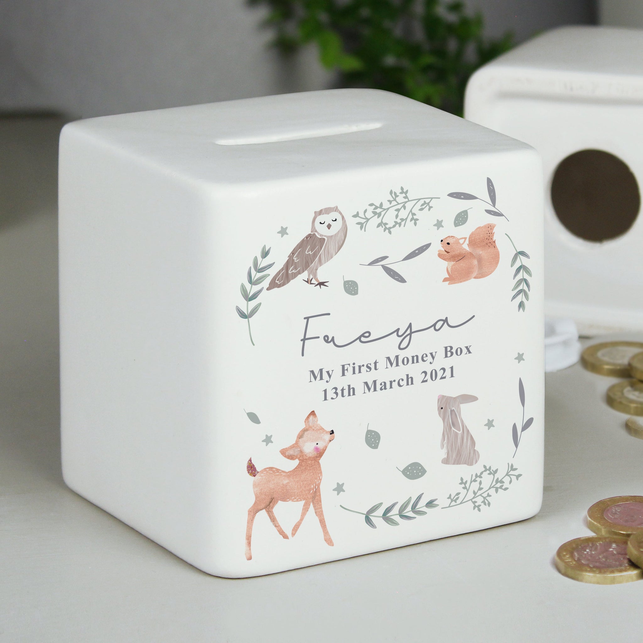 Personalised Woodland Animals Ceramic Square Money Box: 2 - Money Boxes By Gift Moments