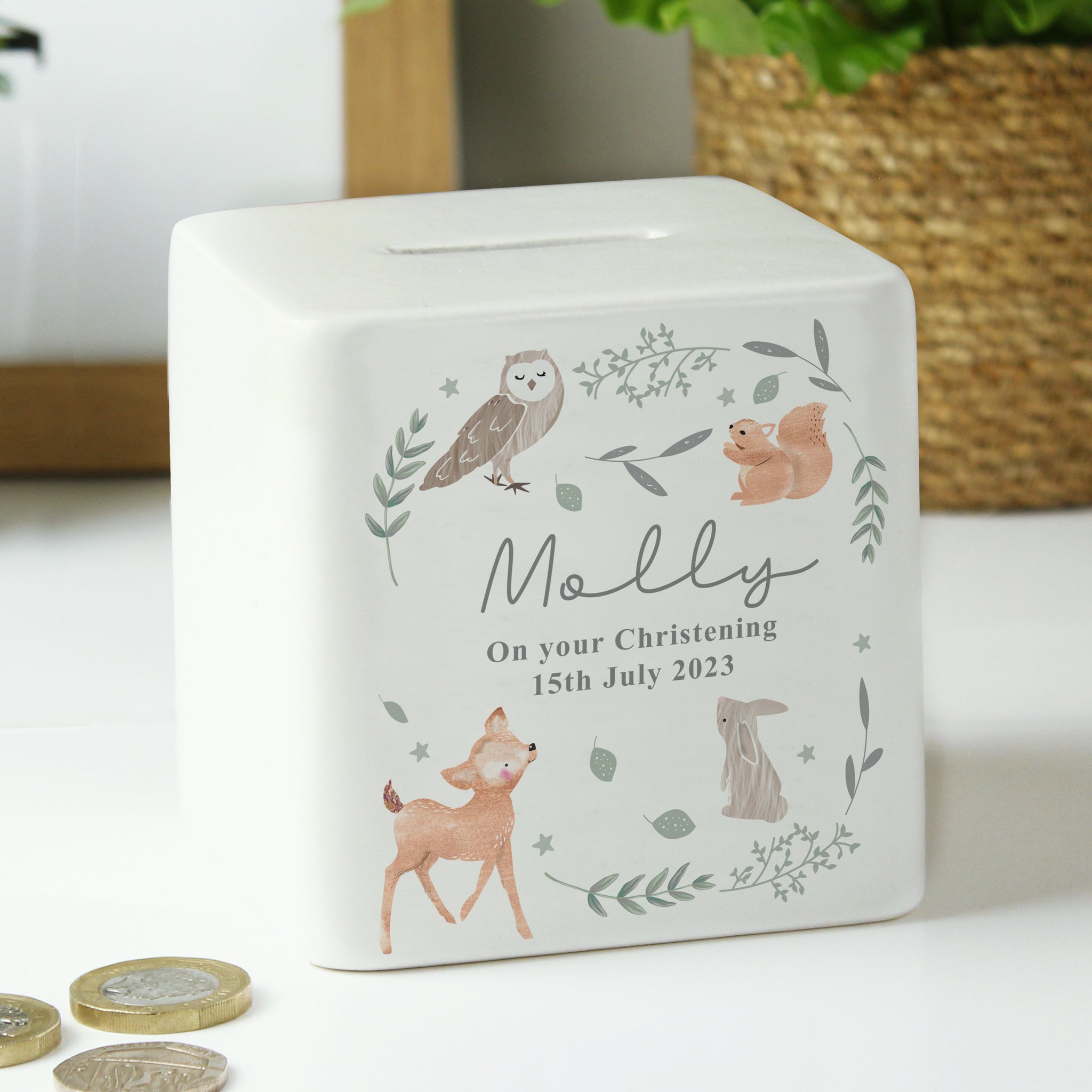 Personalised Woodland Animals Ceramic Square Money Box: 4 - Money Boxes By Gift Moments