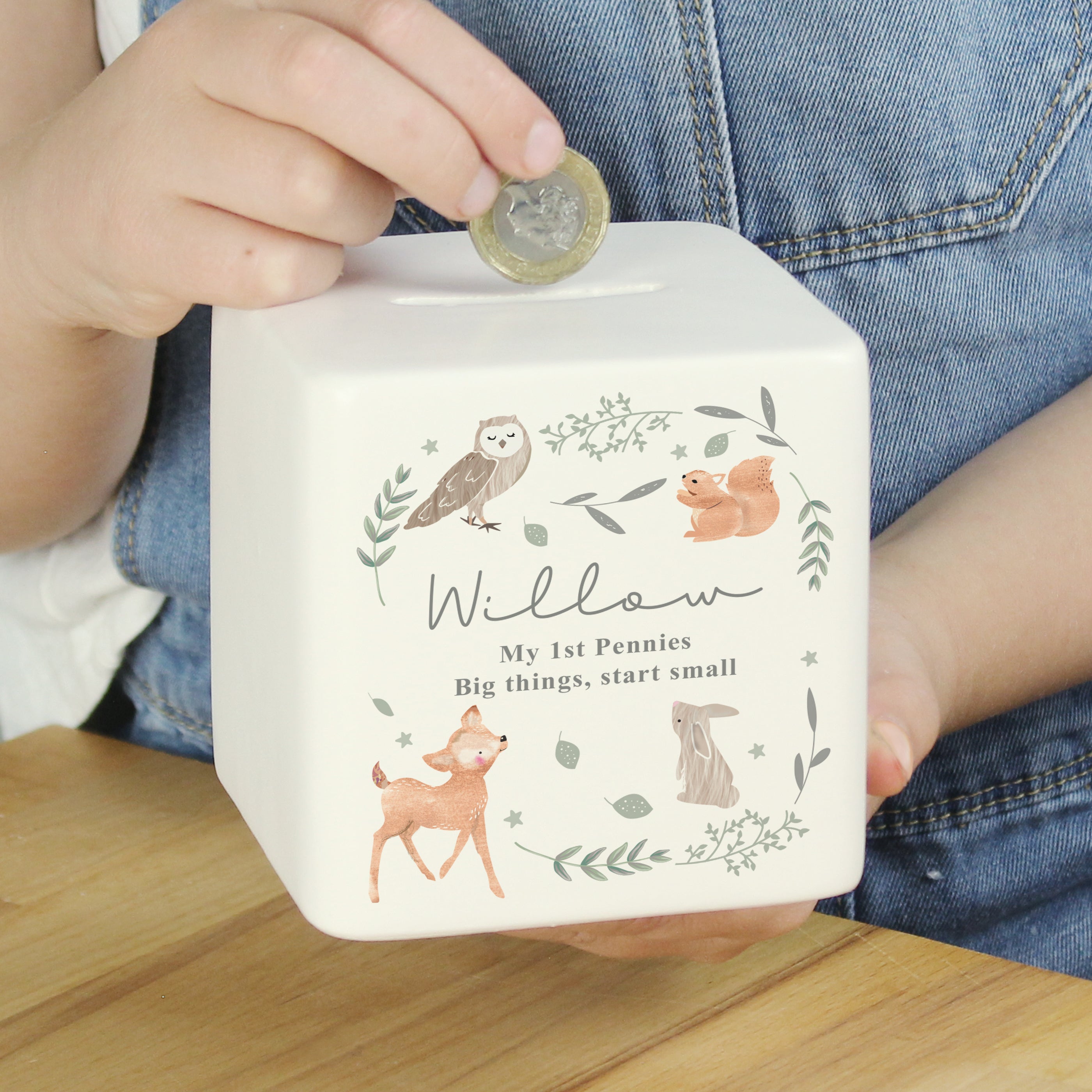 Personalised Woodland Animals Ceramic Square Money Box - Shop Money Boxes At Gift Moments - 1