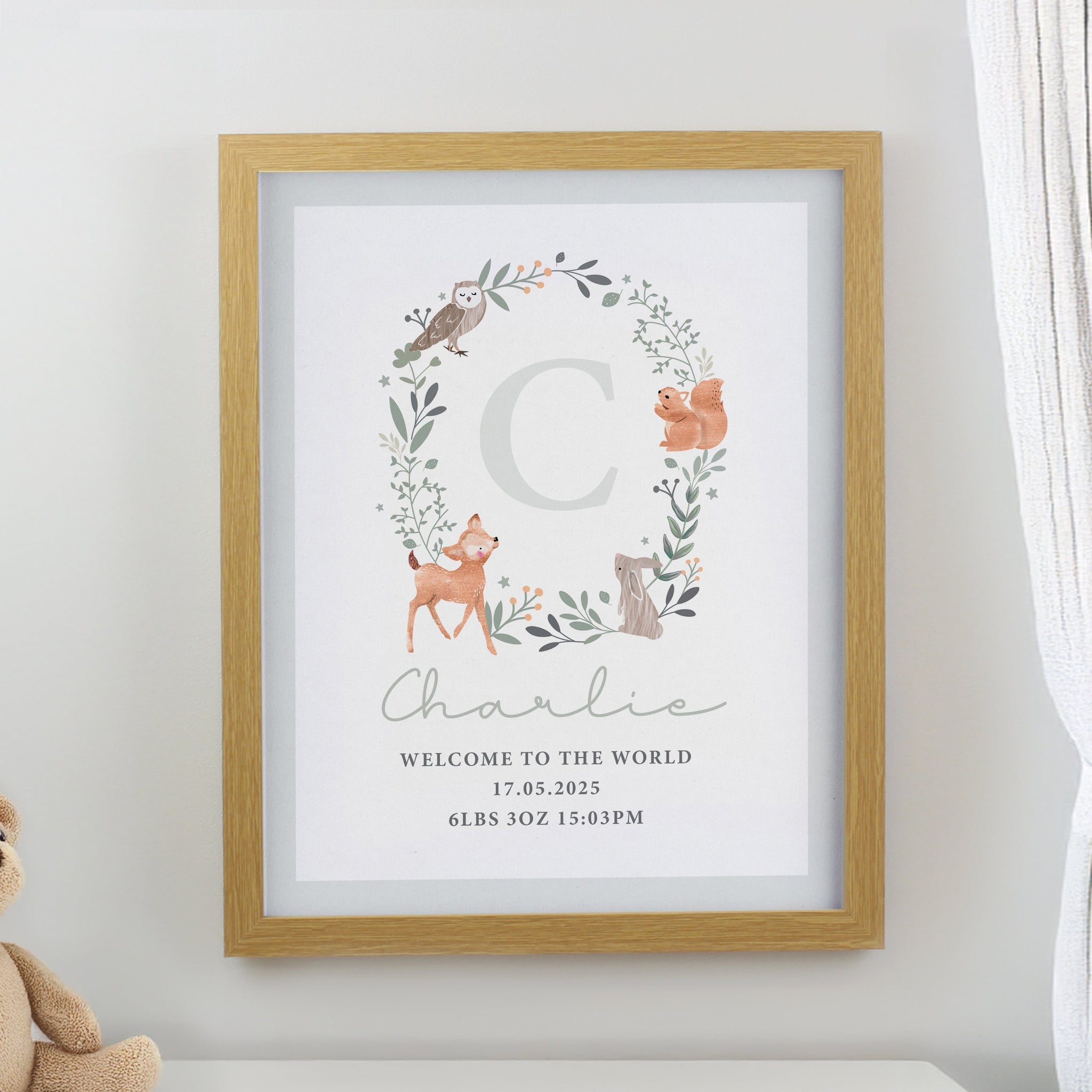 Personalised Woodland Initial Framed Prints: 1 - Oak - Framed Prints By Gift Moments