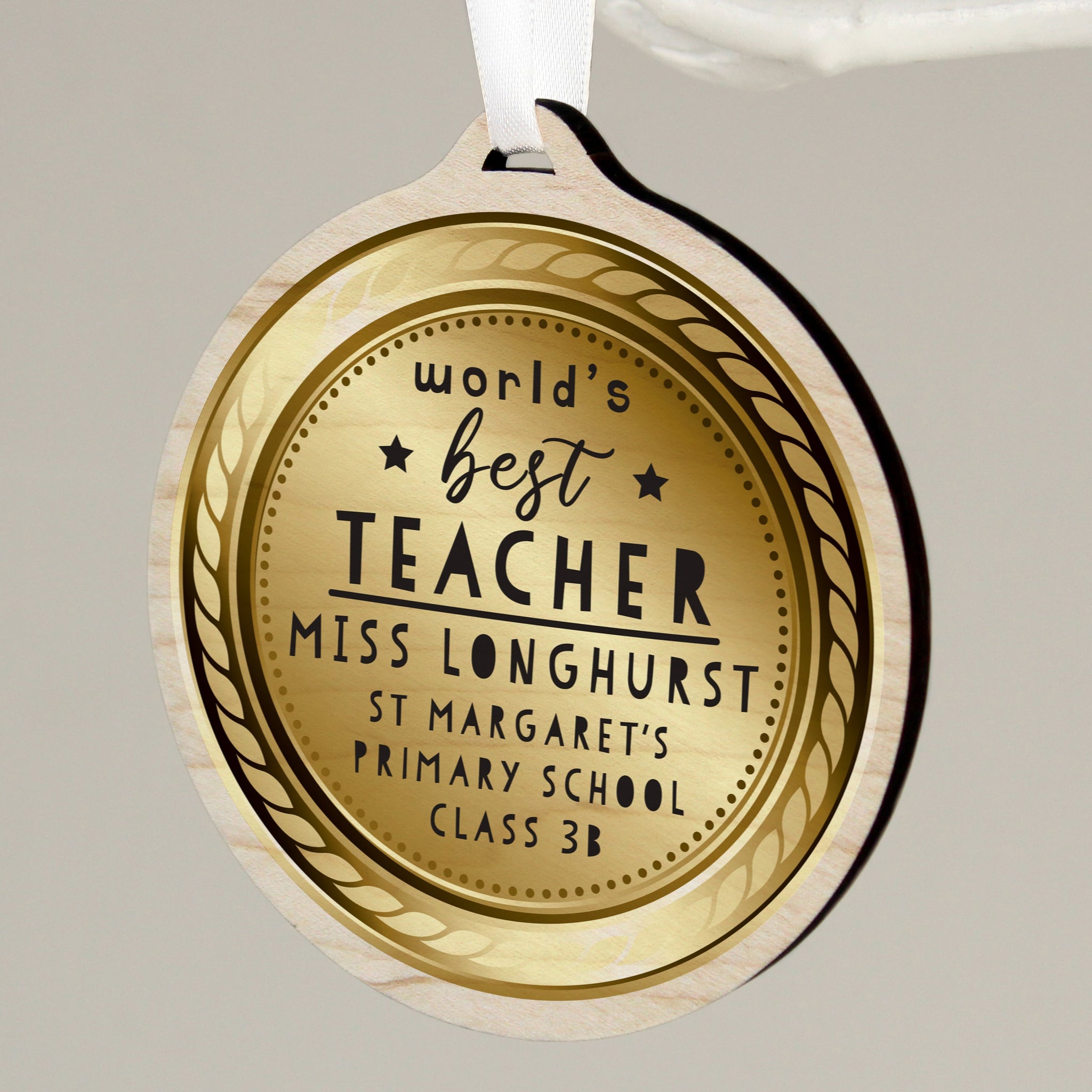 Personalised Worlds Best Teacher Round Wooden Medal: 4 - Keepsakes By Gift Moments