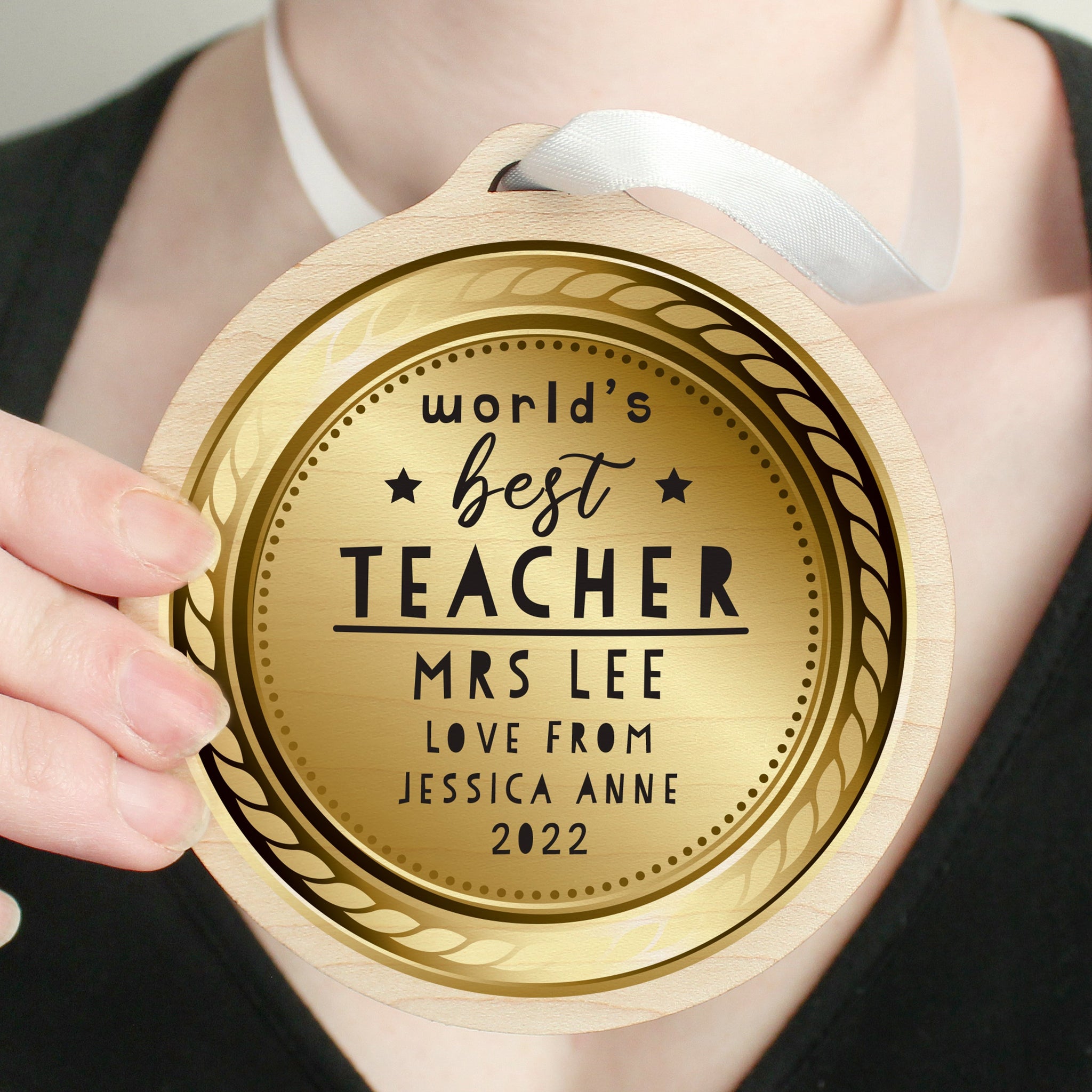 Personalised Worlds Best Teacher Round Wooden Medal: 1 - Keepsakes By Gift Moments