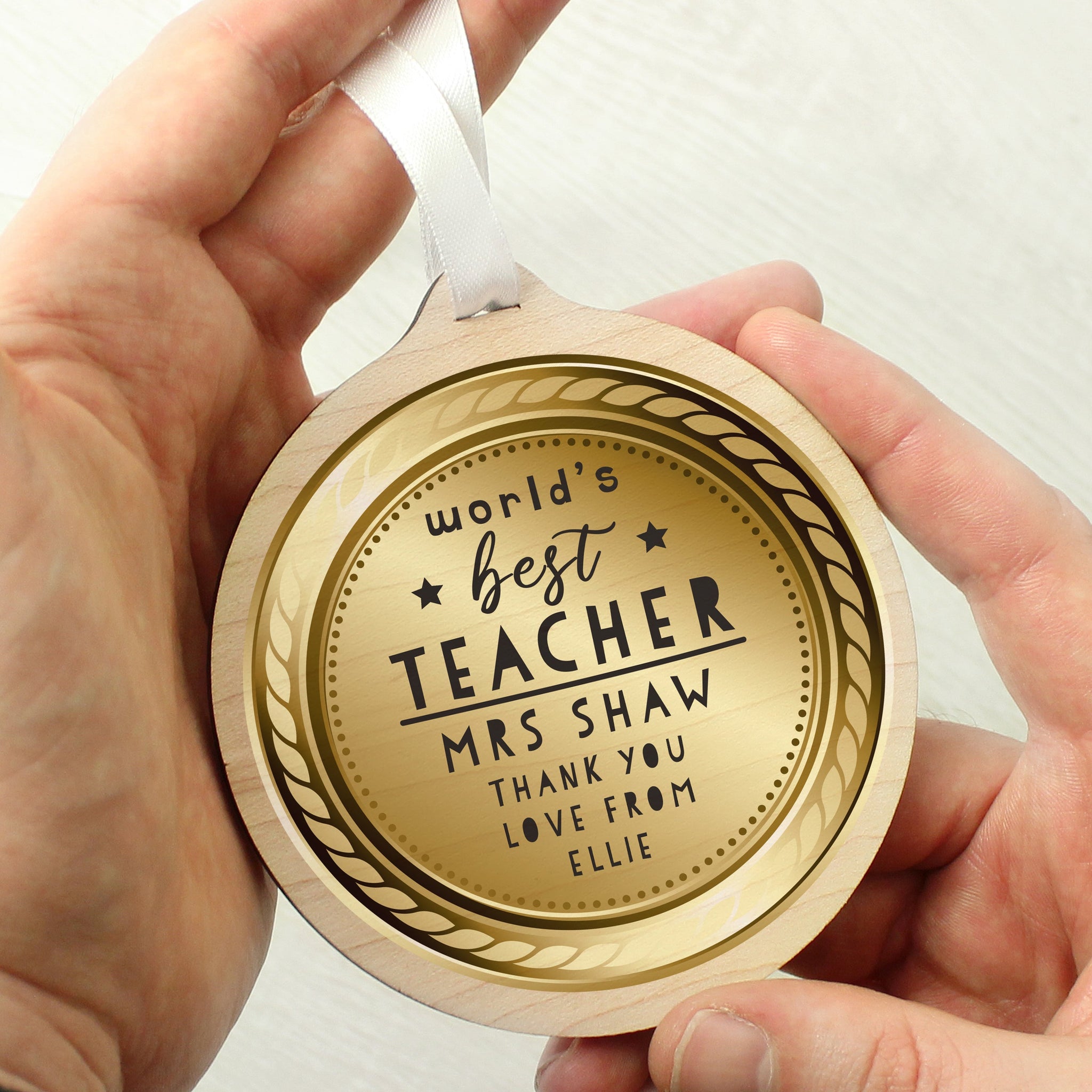 Personalised Worlds Best Teacher Round Wooden Medal: 5 - Keepsakes By Gift Moments